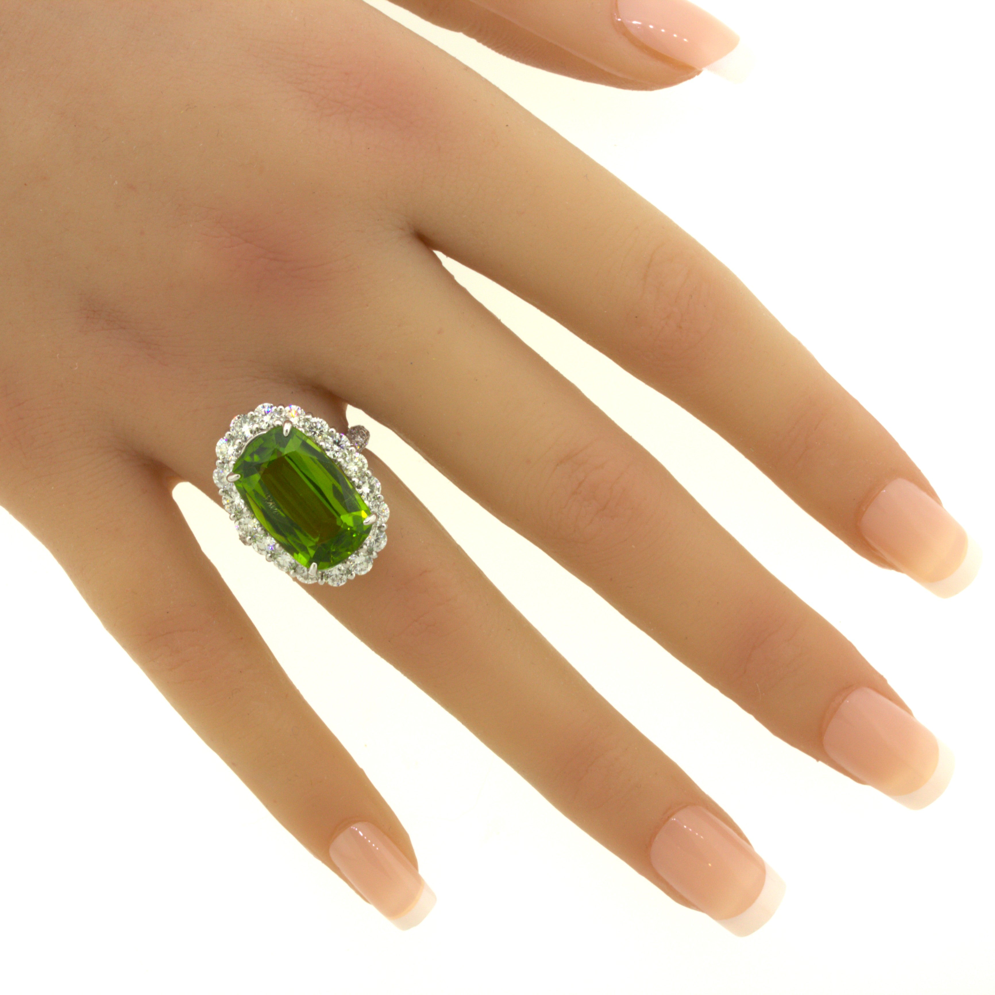 11.52 Carat Peridot Diamond Halo Platinum Ring