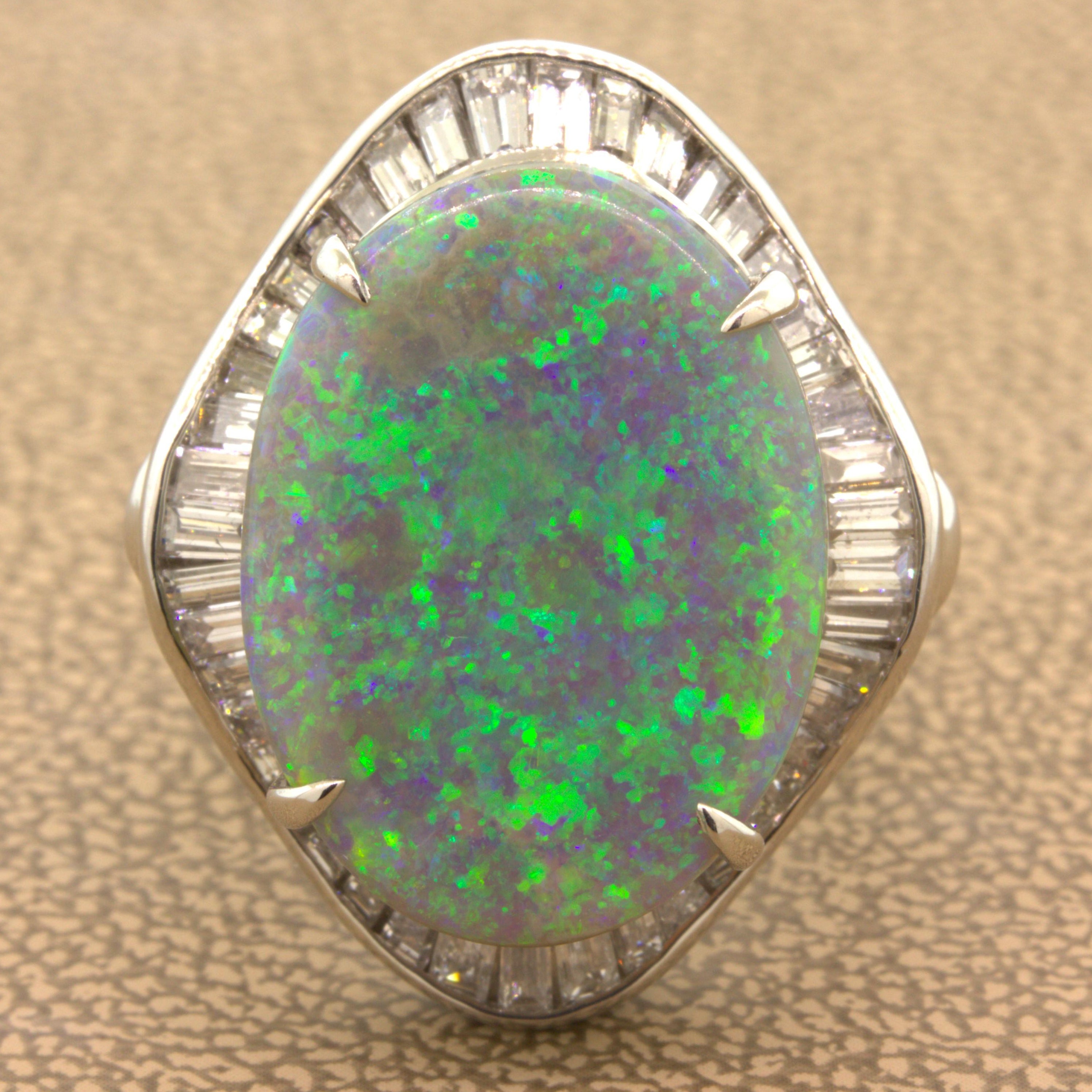 9.30 Carat Australian Black Opal Diamond Platinum Ring