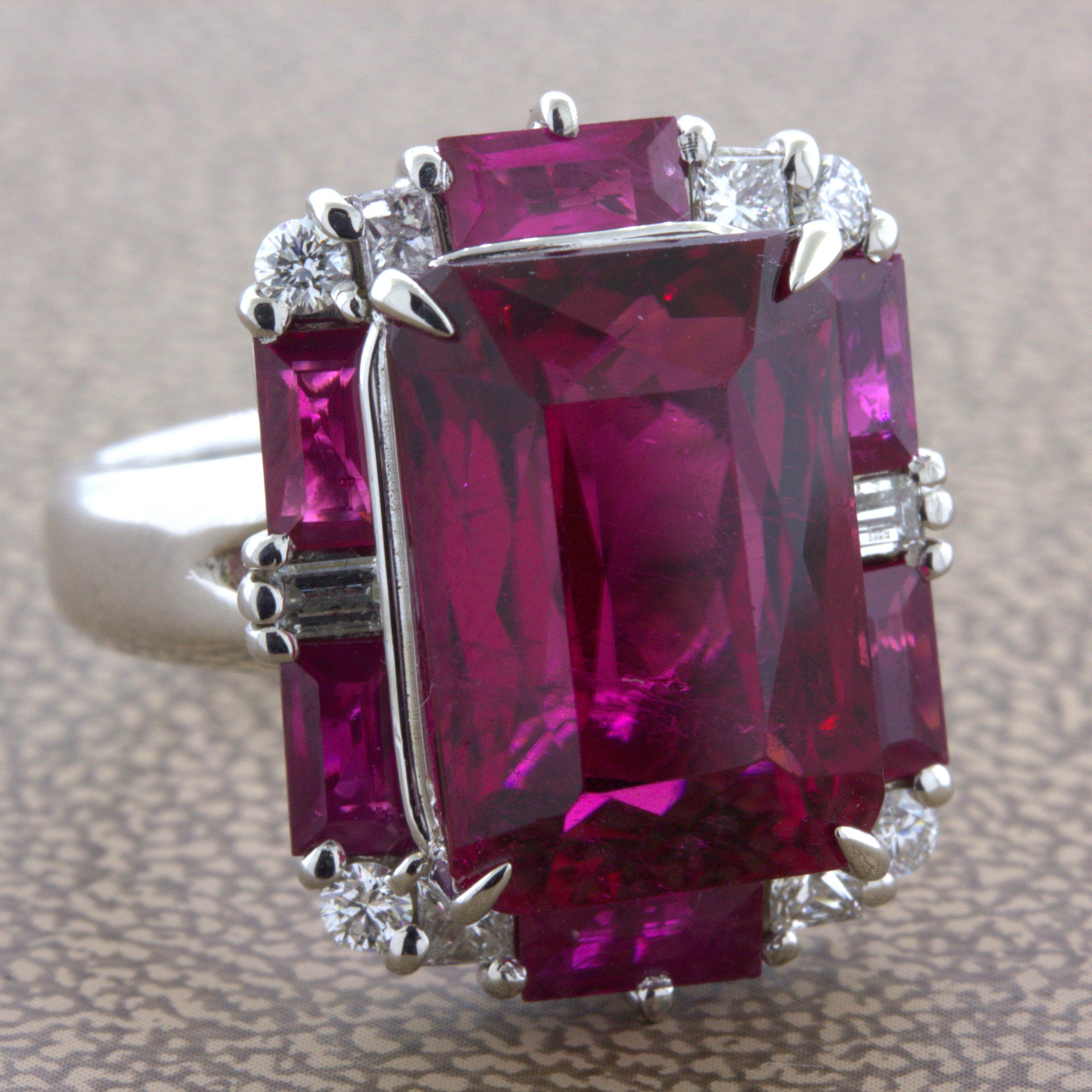 Rubellite Tourmaline Diamond Platinum Geometric Ring