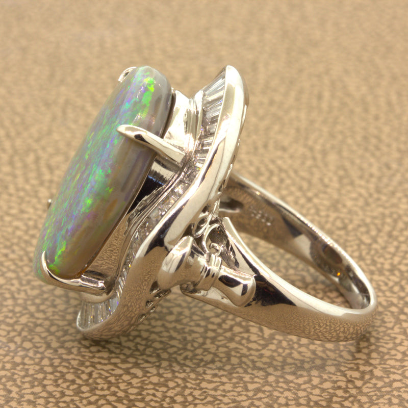 9.30 Carat Australian Black Opal Diamond Platinum Ring