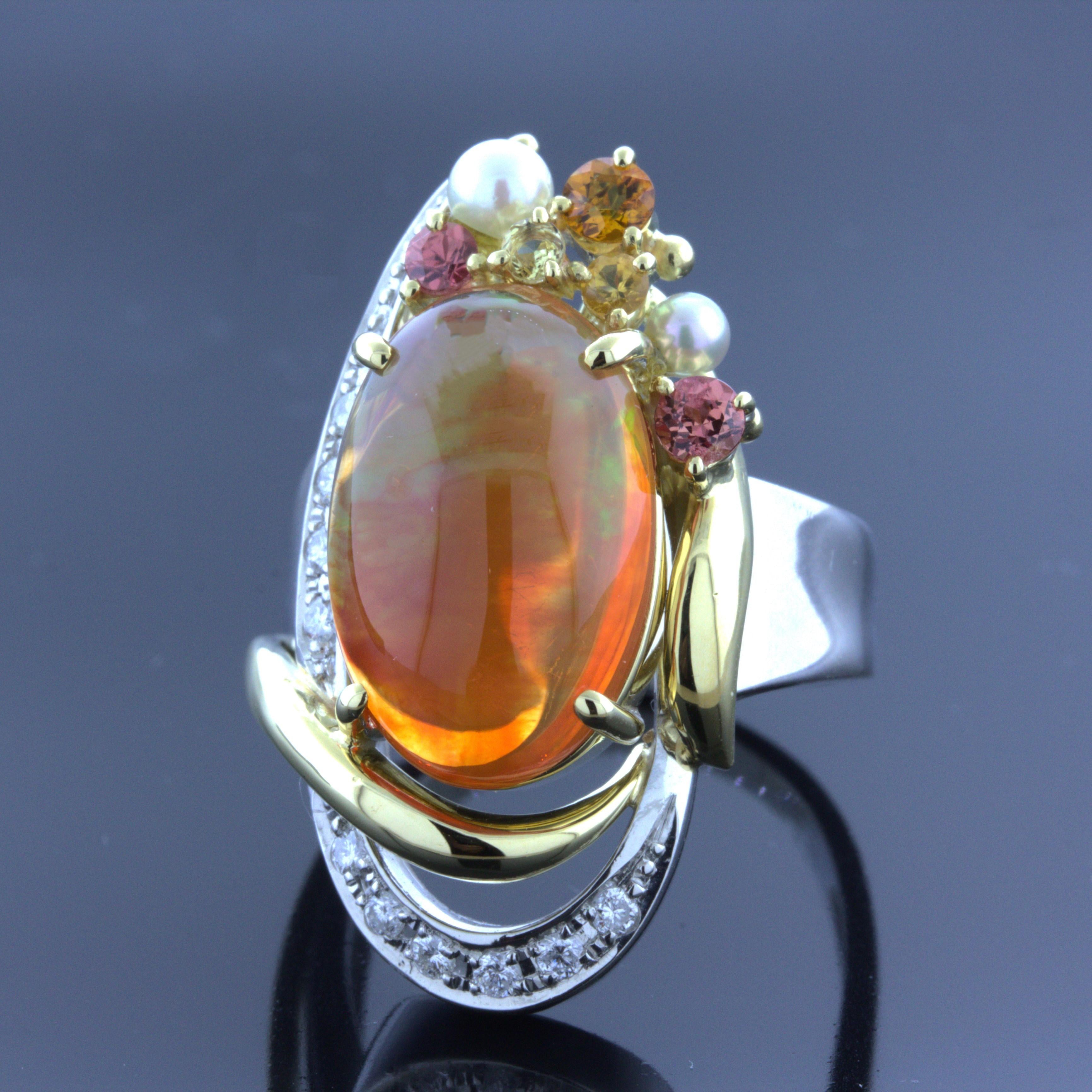 Mexican Fire Opal Diamond Gemstone Platinum Ring