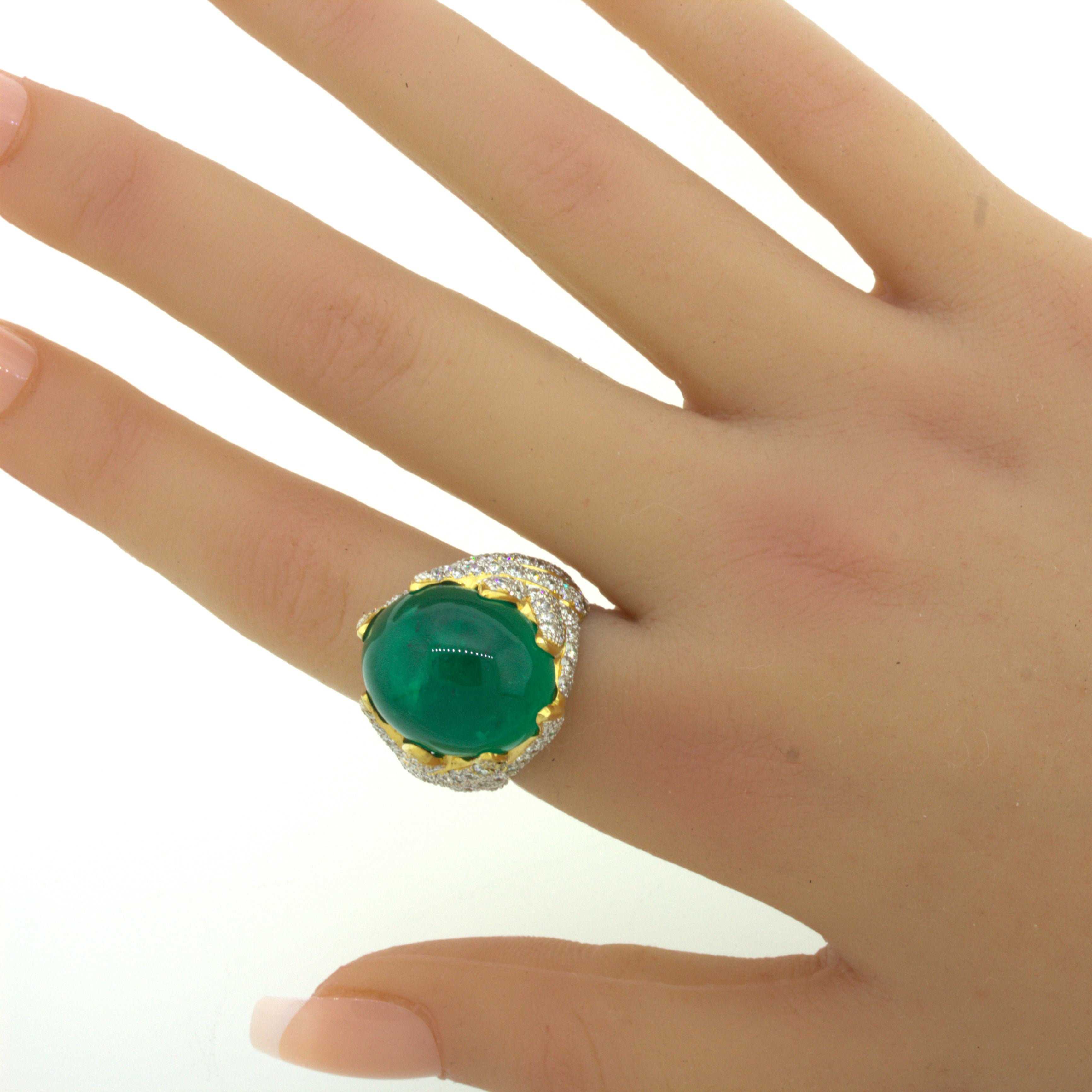 26.67 Carat Colombian Emerald Diamond 18K Yellow Gold Cocktail Ring, AGL Cert.