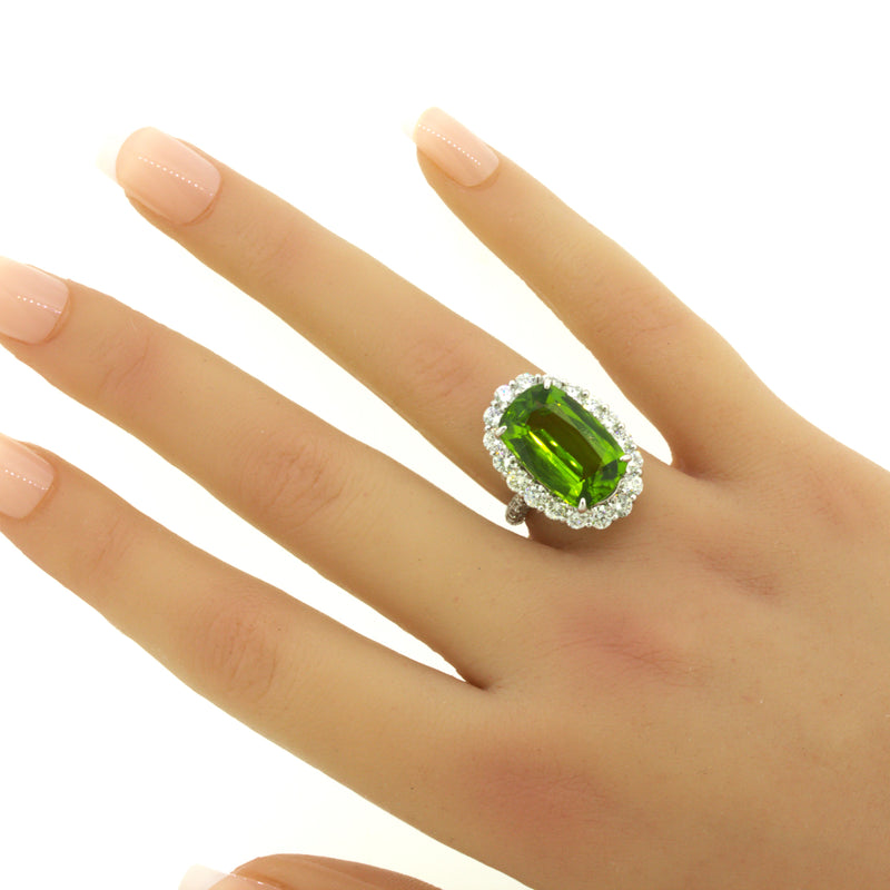 11.52 Carat Peridot Diamond Halo Platinum Ring
