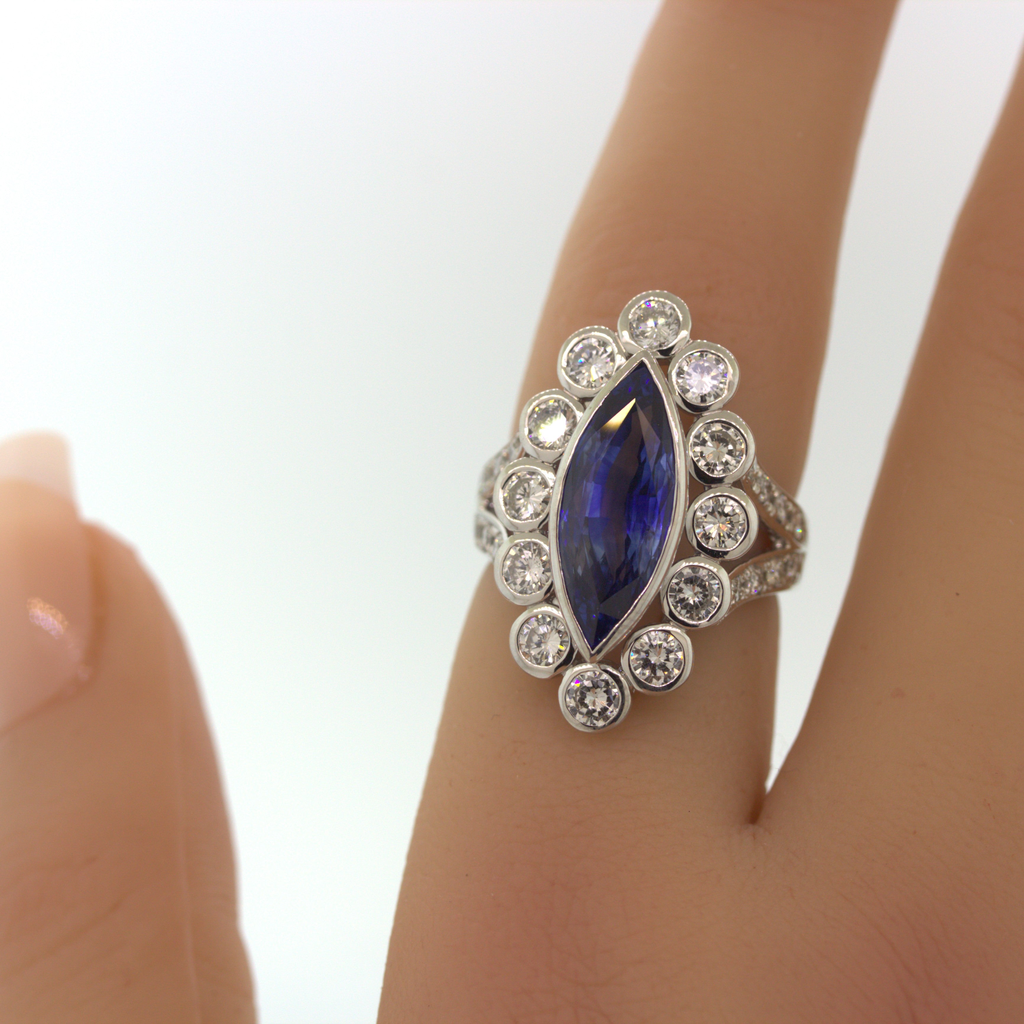 6.55 Carat Ceylon Sapphire Diamond Platinum Navette Ring, GIA Certified