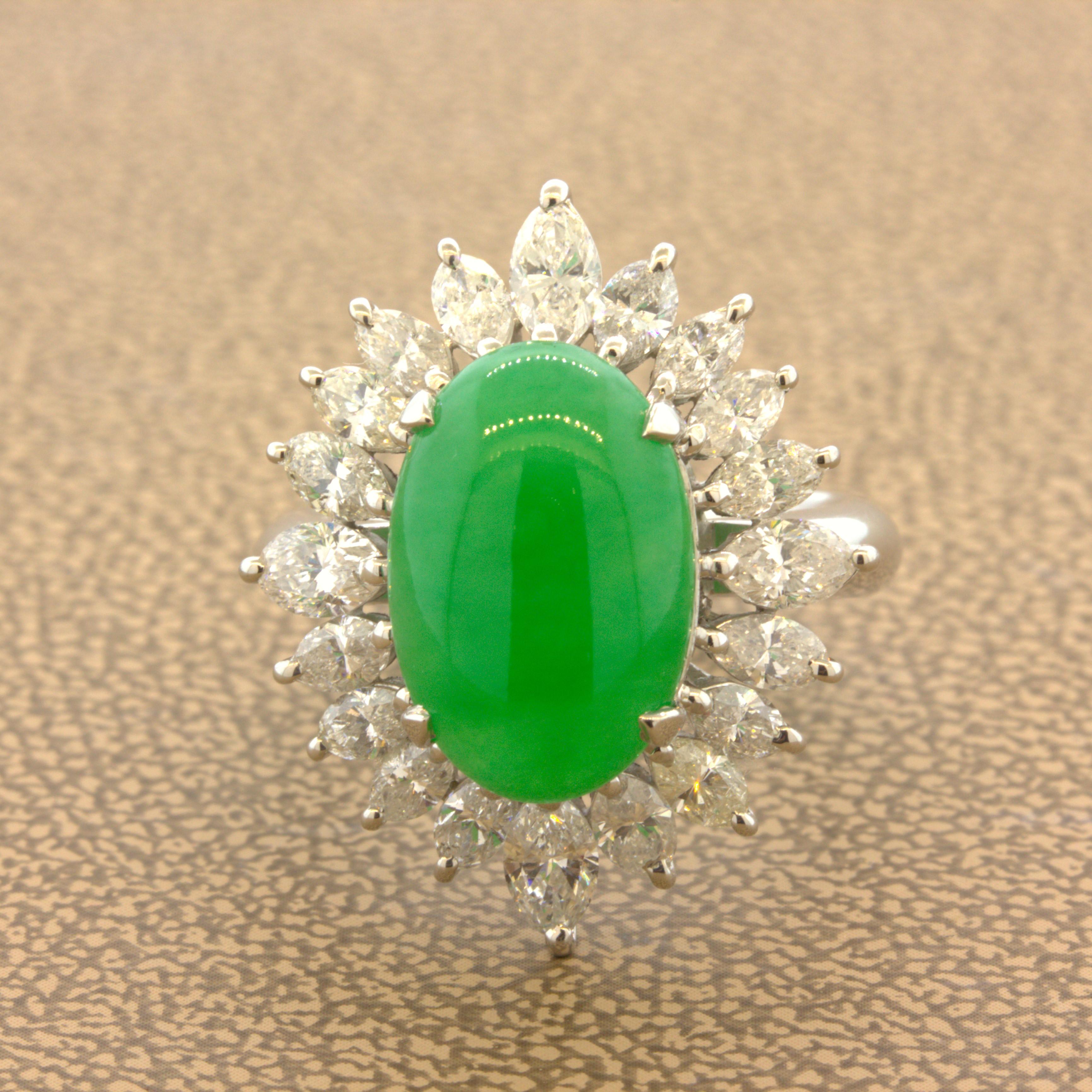 Fine Jadeite Jade Diamond Sunburst Platinum Ring, GIA Certified Tyle A