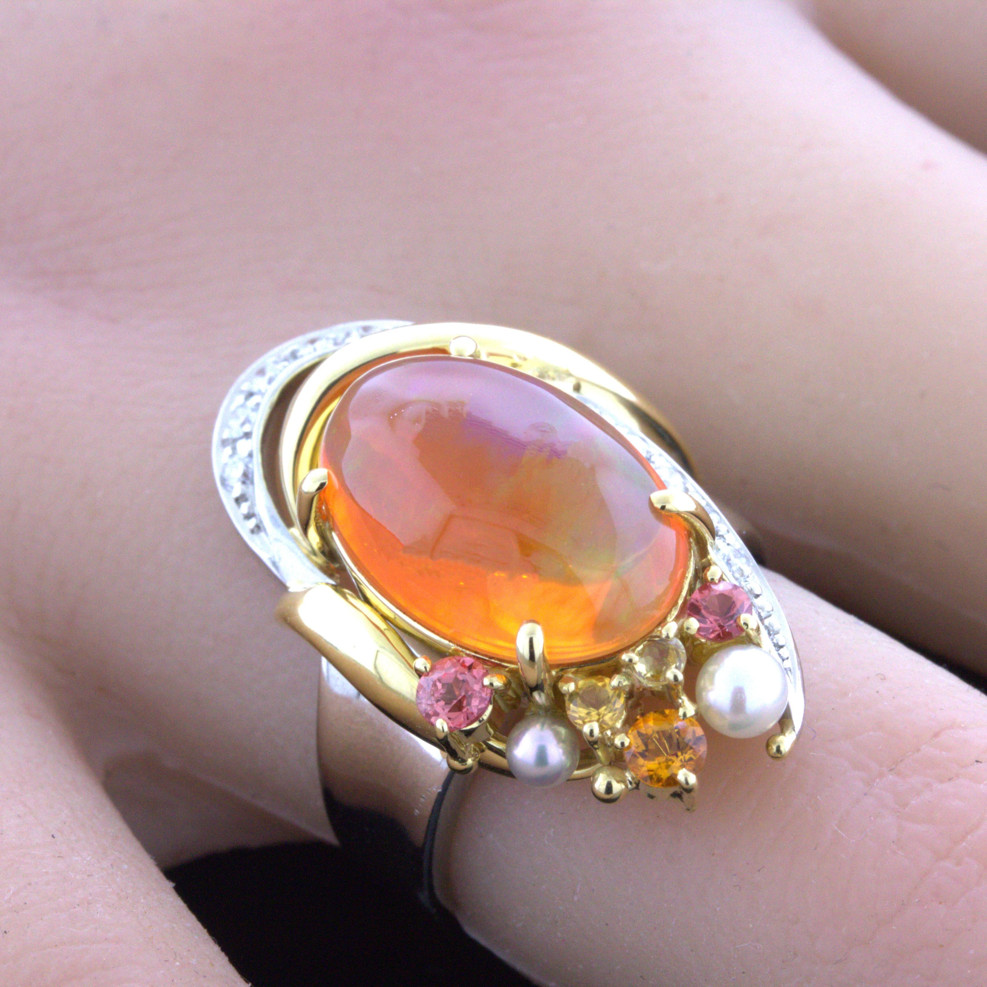 Mexican Fire Opal Diamond Gemstone Platinum Ring