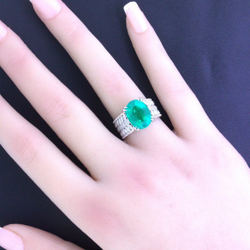 6.70 Carat Emerald Diamond Platinum Floral Ring