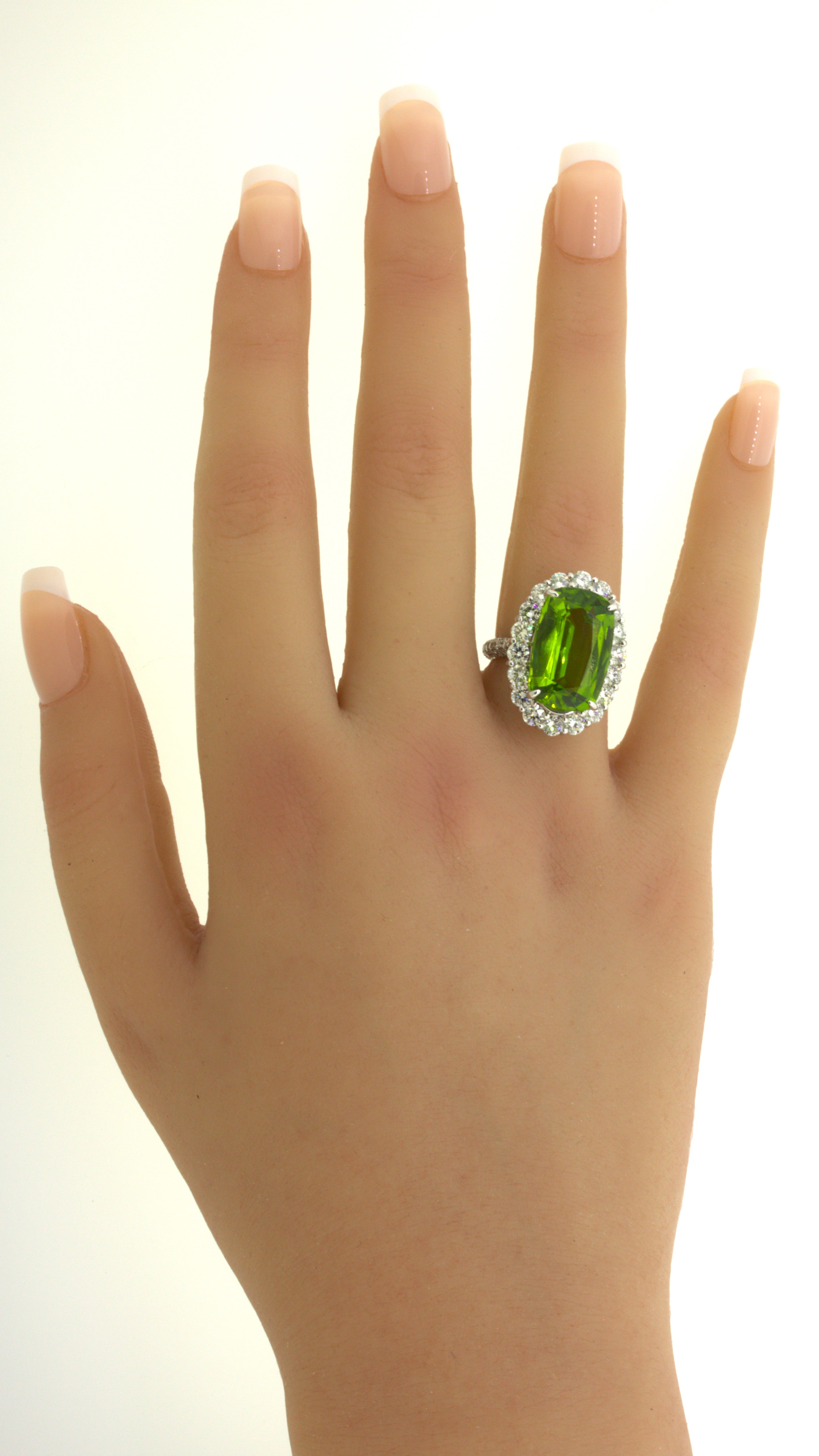 11.52 Carat Peridot Diamond Halo Platinum Ring