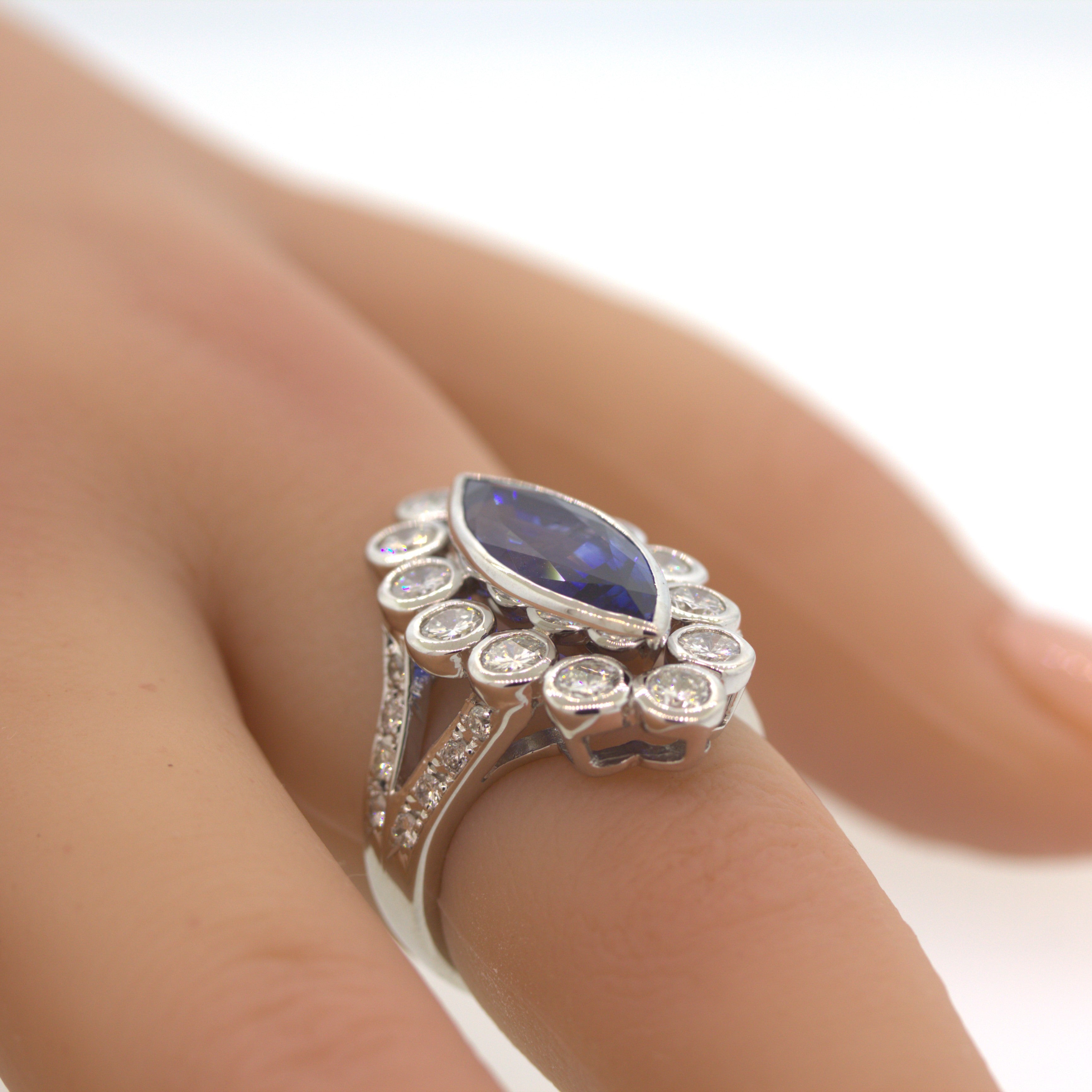 6.55 Carat Ceylon Sapphire Diamond Platinum Navette Ring, GIA Certified