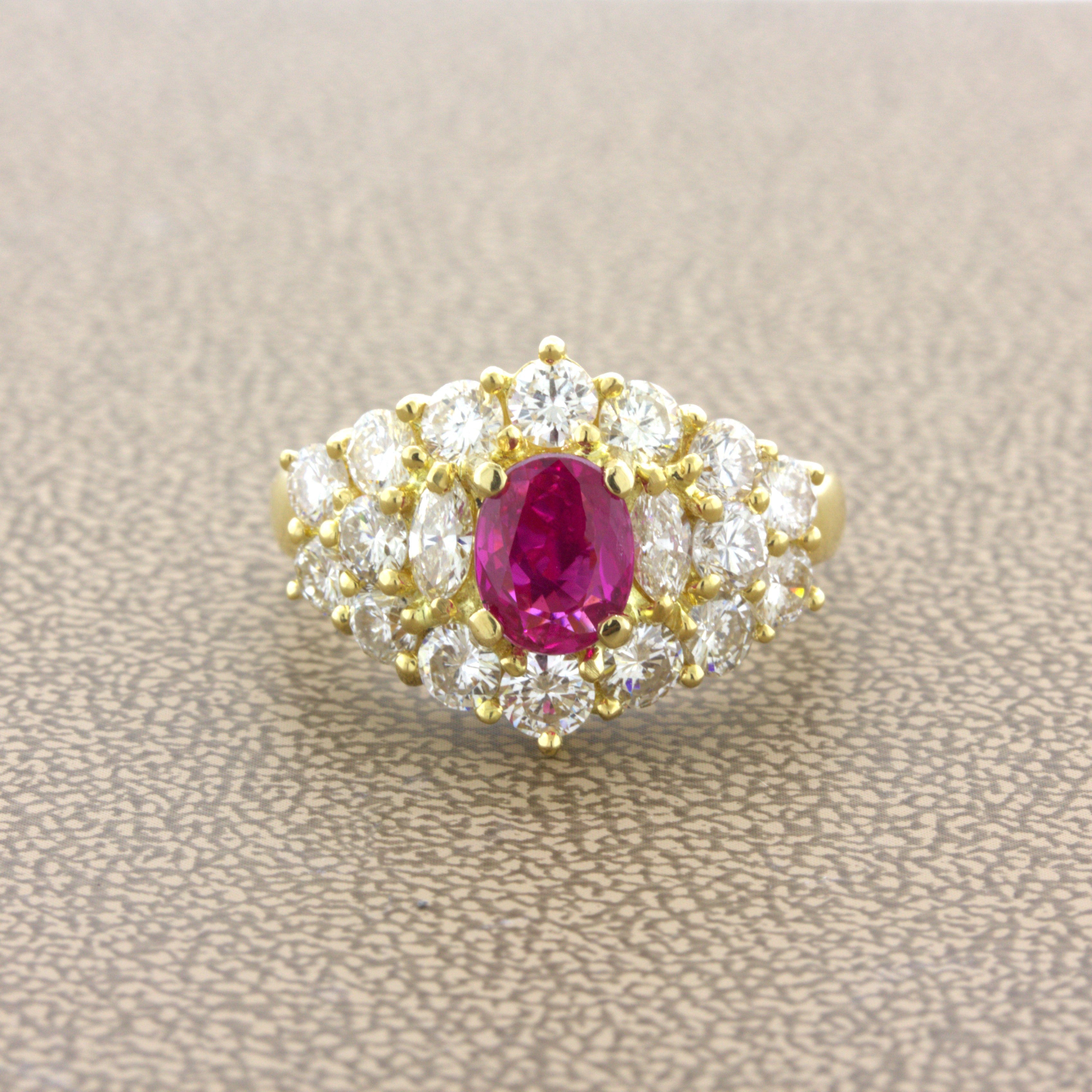 1.09 Carat Burma No-Heat Ruby Diamond 18K Yellow Gold Ring, GIA Certified