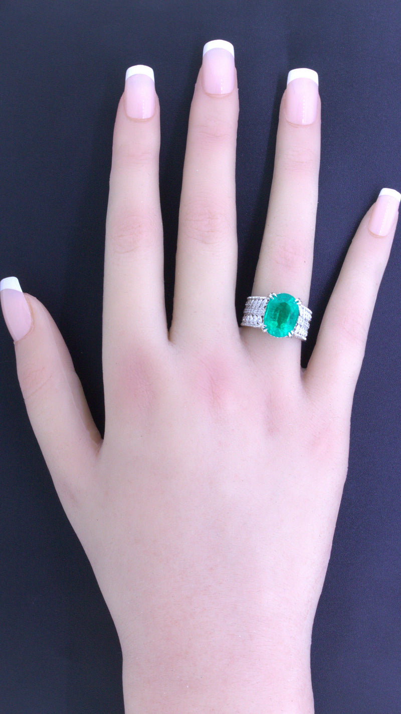 6.70 Carat Emerald Diamond Platinum Floral Ring
