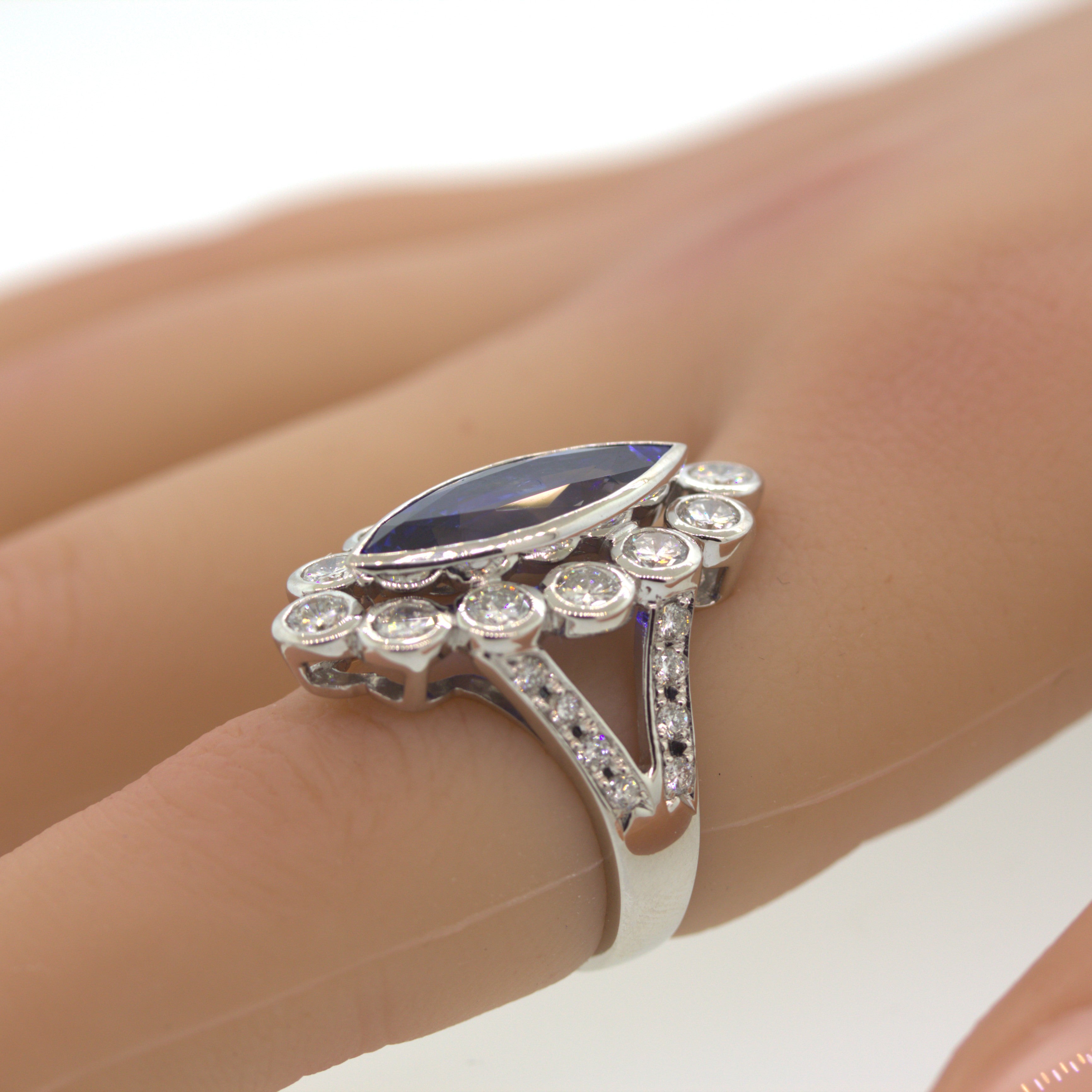 6.55 Carat Ceylon Sapphire Diamond Platinum Navette Ring, GIA Certified