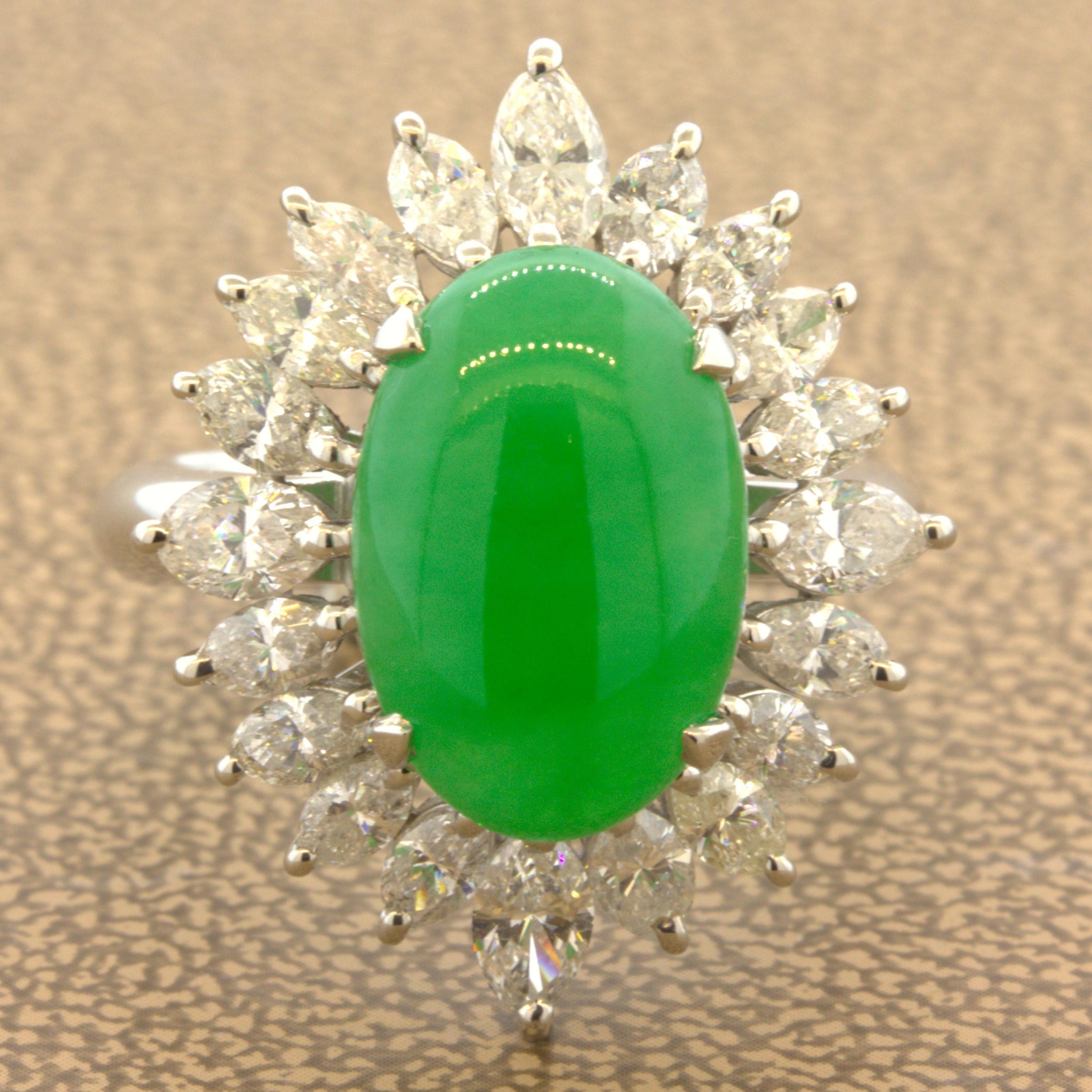 Fine Jadeite Jade Diamond Sunburst Platinum Ring, GIA Certified Tyle A
