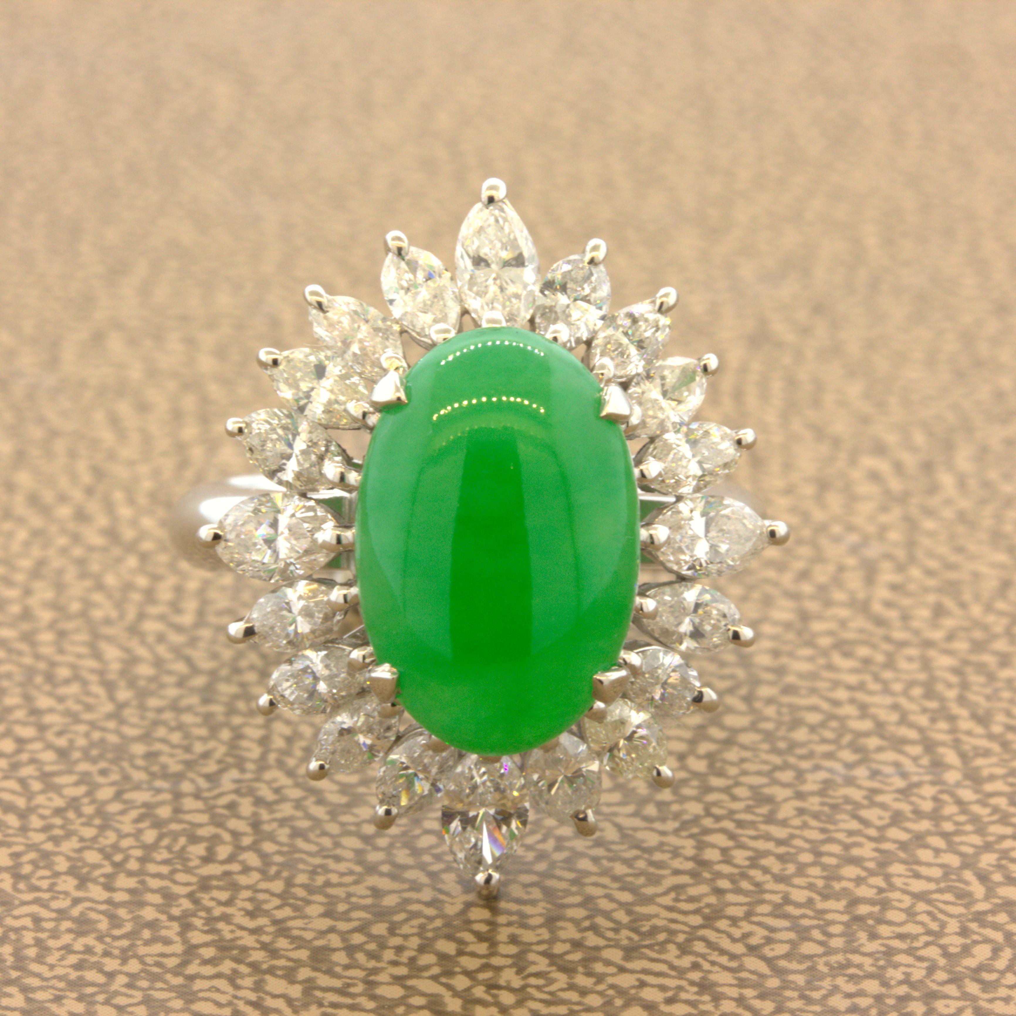 Fine Jadeite Jade Diamond Sunburst Platinum Ring, GIA Certified Tyle A