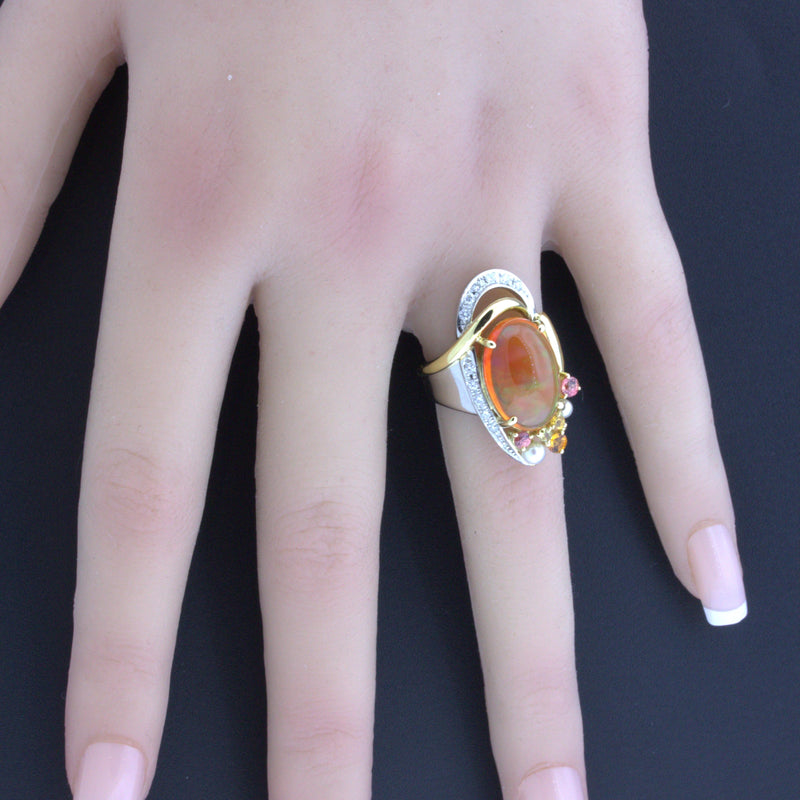 Mexican Fire Opal Diamond Gemstone Platinum Ring