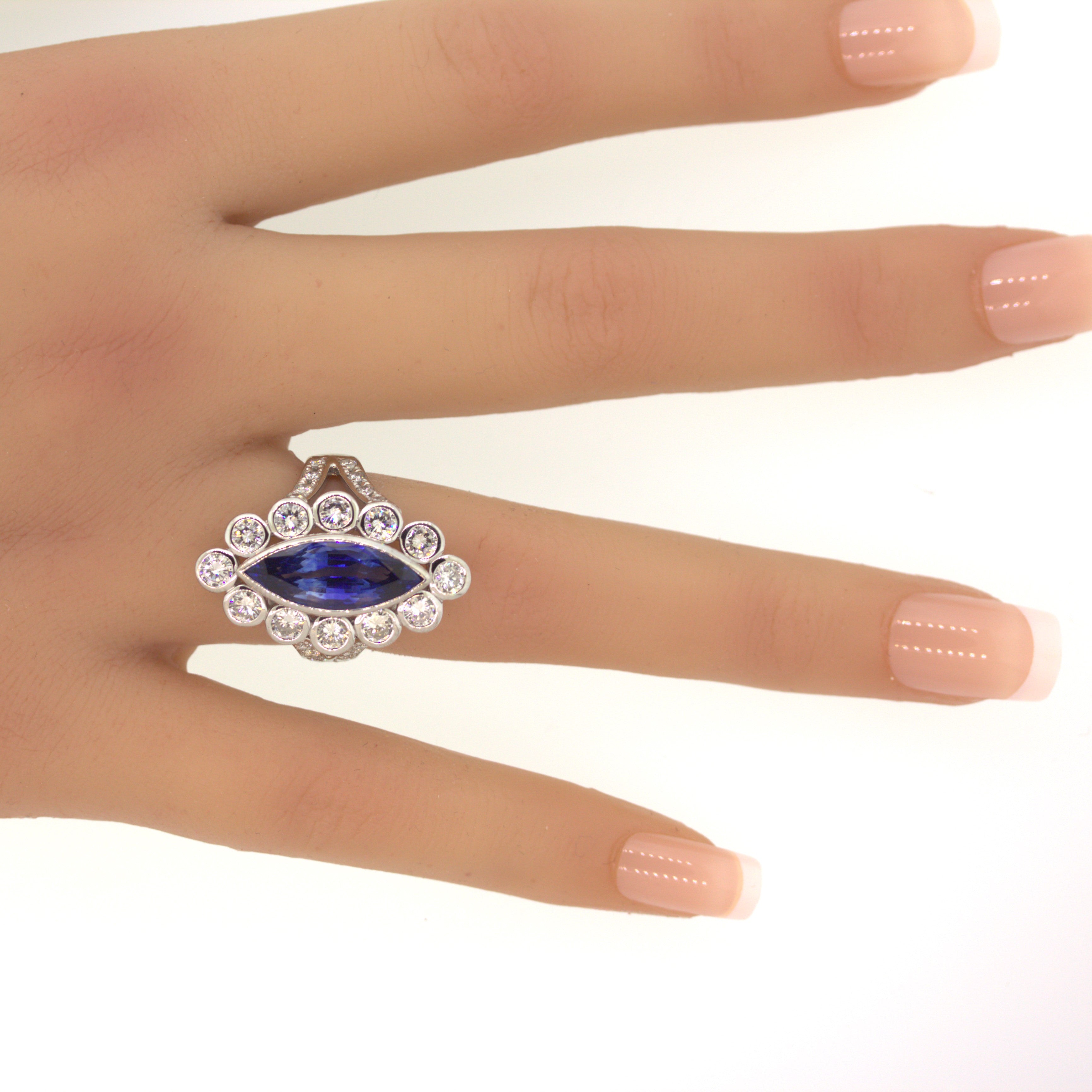 6.55 Carat Ceylon Sapphire Diamond Platinum Navette Ring, GIA Certified