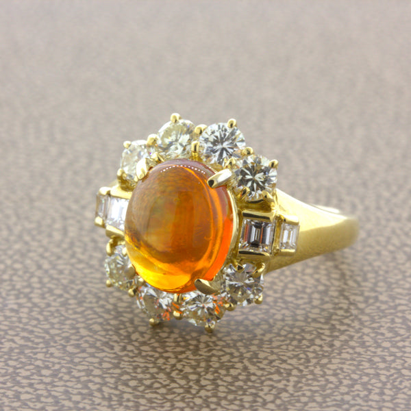 Mexican Fire Opal Diamond 18k Yellow Gold Ring