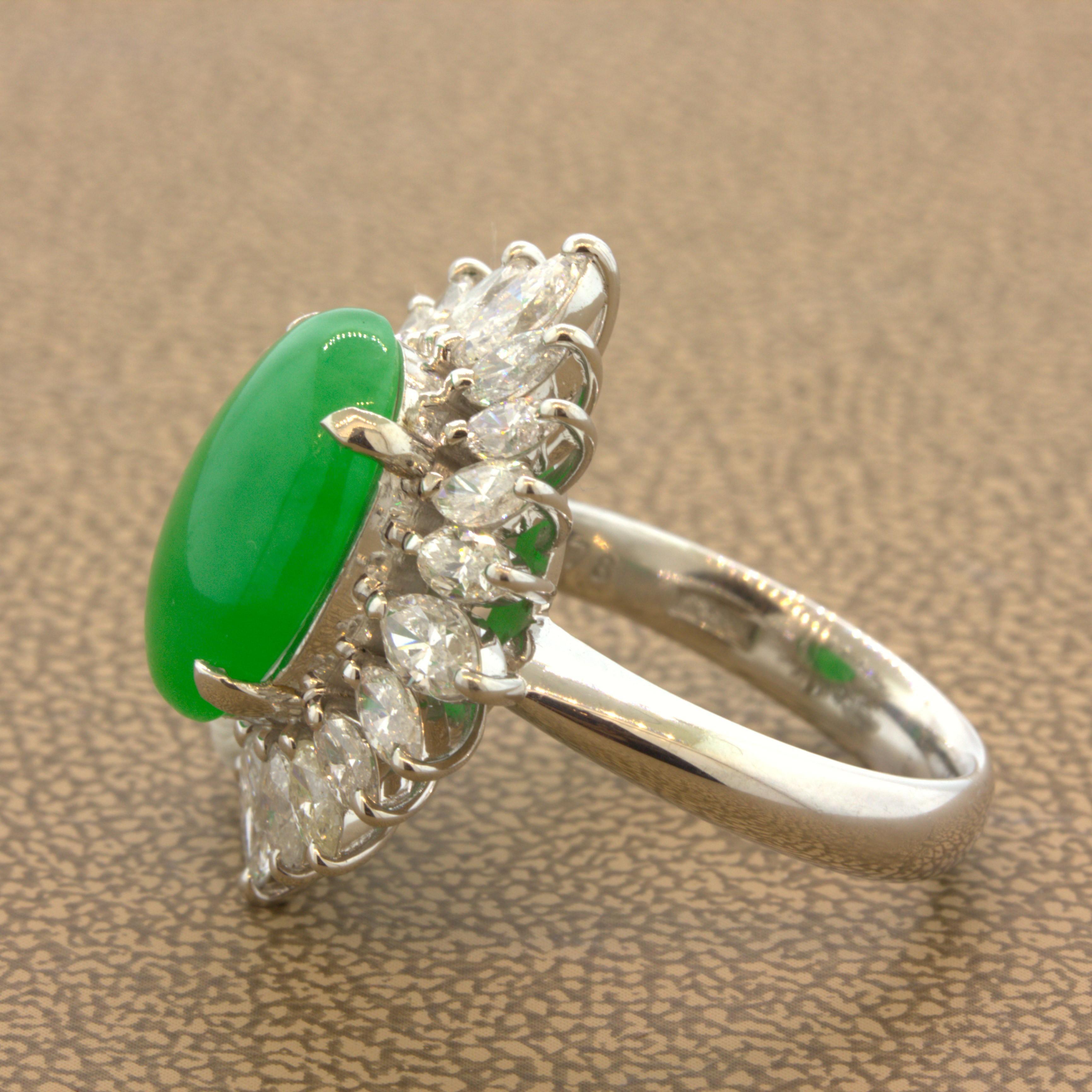 Fine Jadeite Jade Diamond Sunburst Platinum Ring, GIA Certified Tyle A