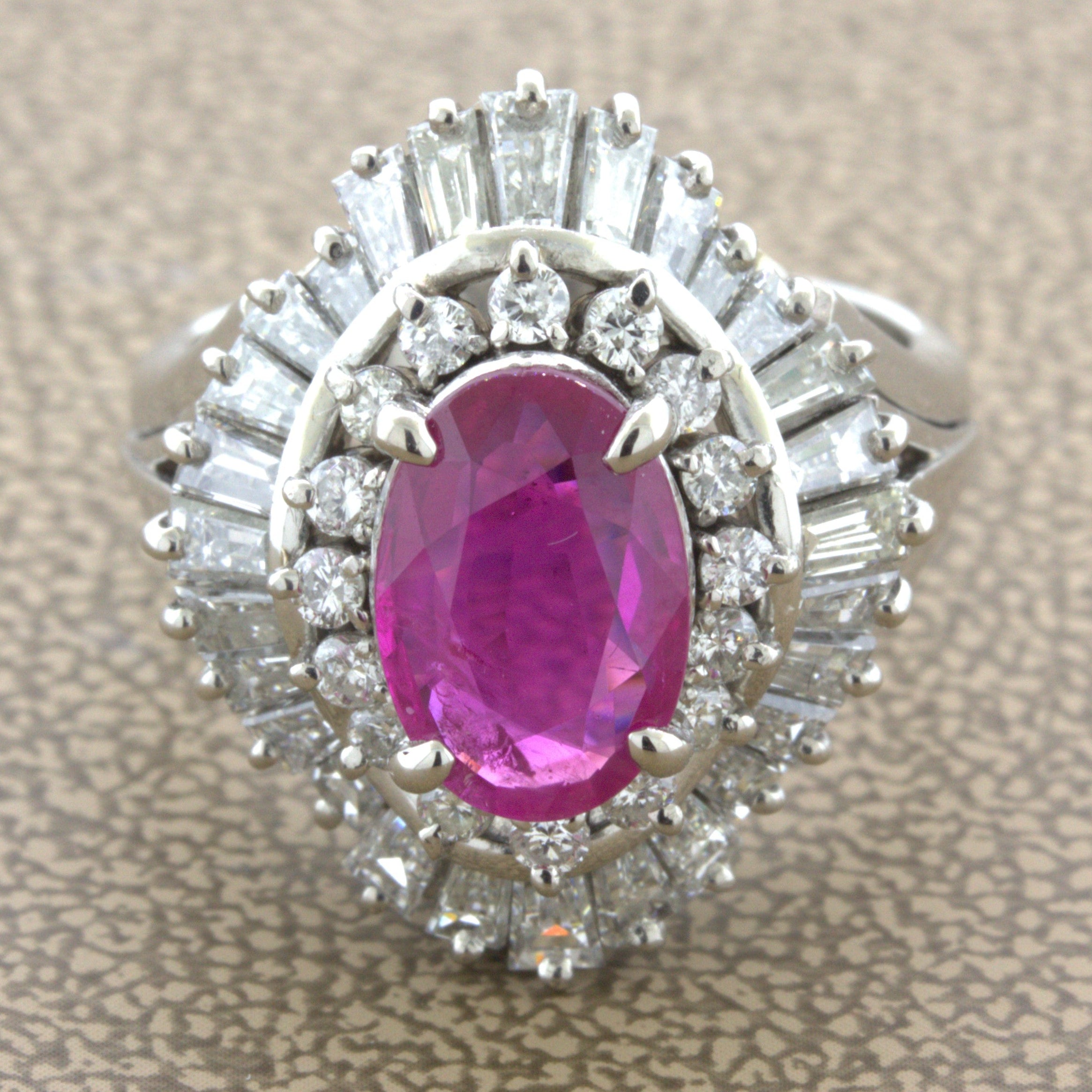 2.31 Carat No-Heat Burmese Ruby Diamond Platinum Ballerina Ring, AIGS Certified