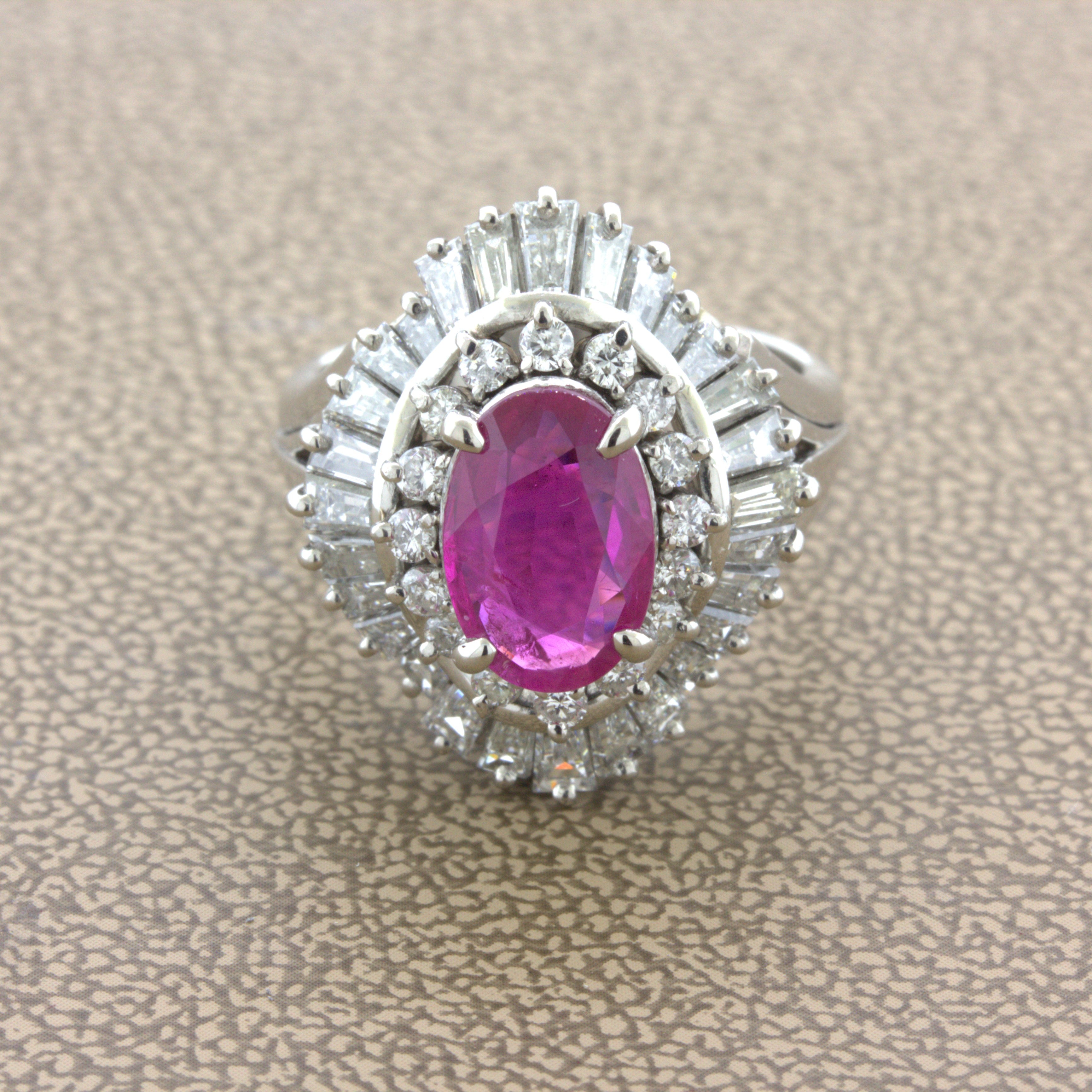 2.31 Carat No-Heat Burmese Ruby Diamond Platinum Ballerina Ring, AIGS Certified