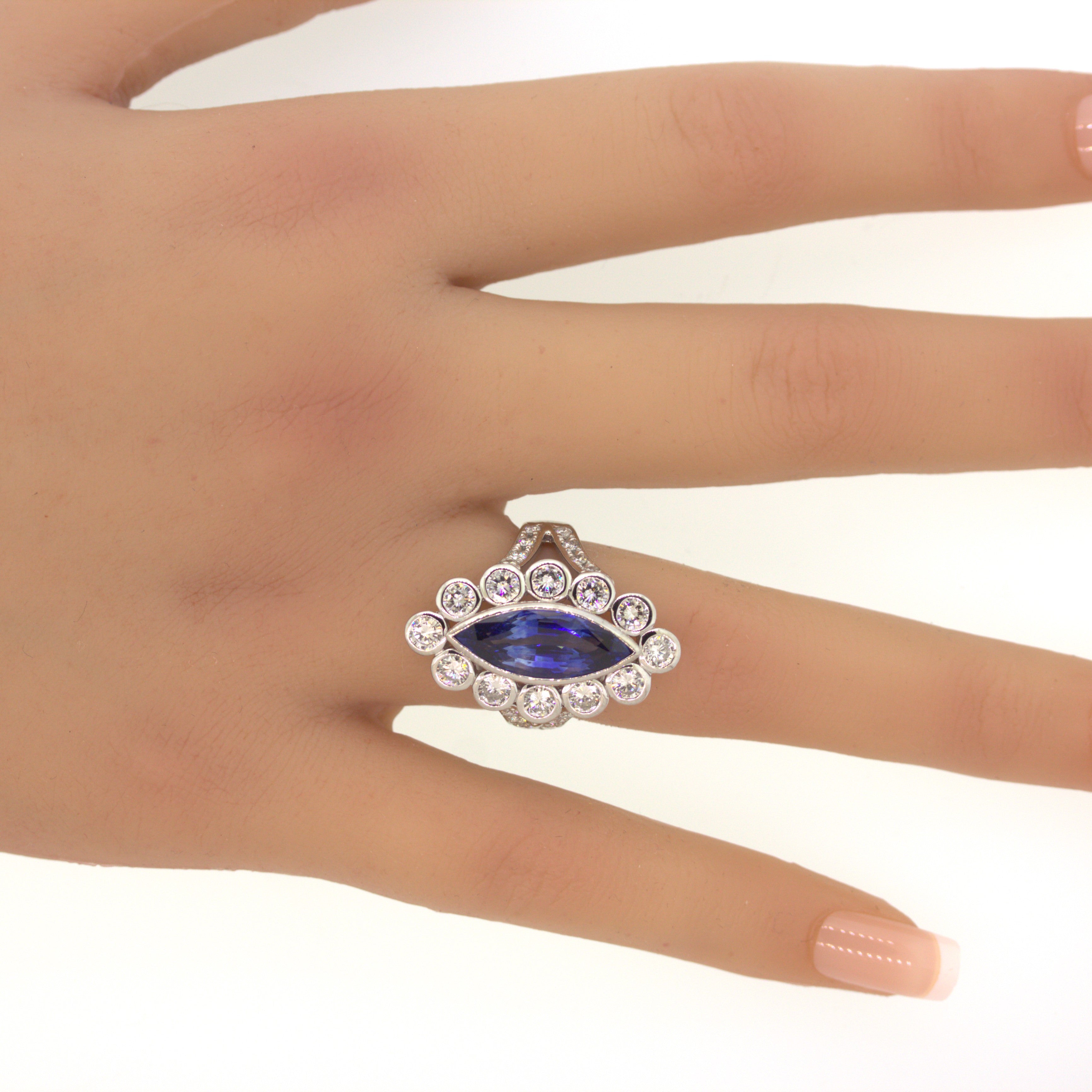 6.55 Carat Ceylon Sapphire Diamond Platinum Navette Ring, GIA Certified