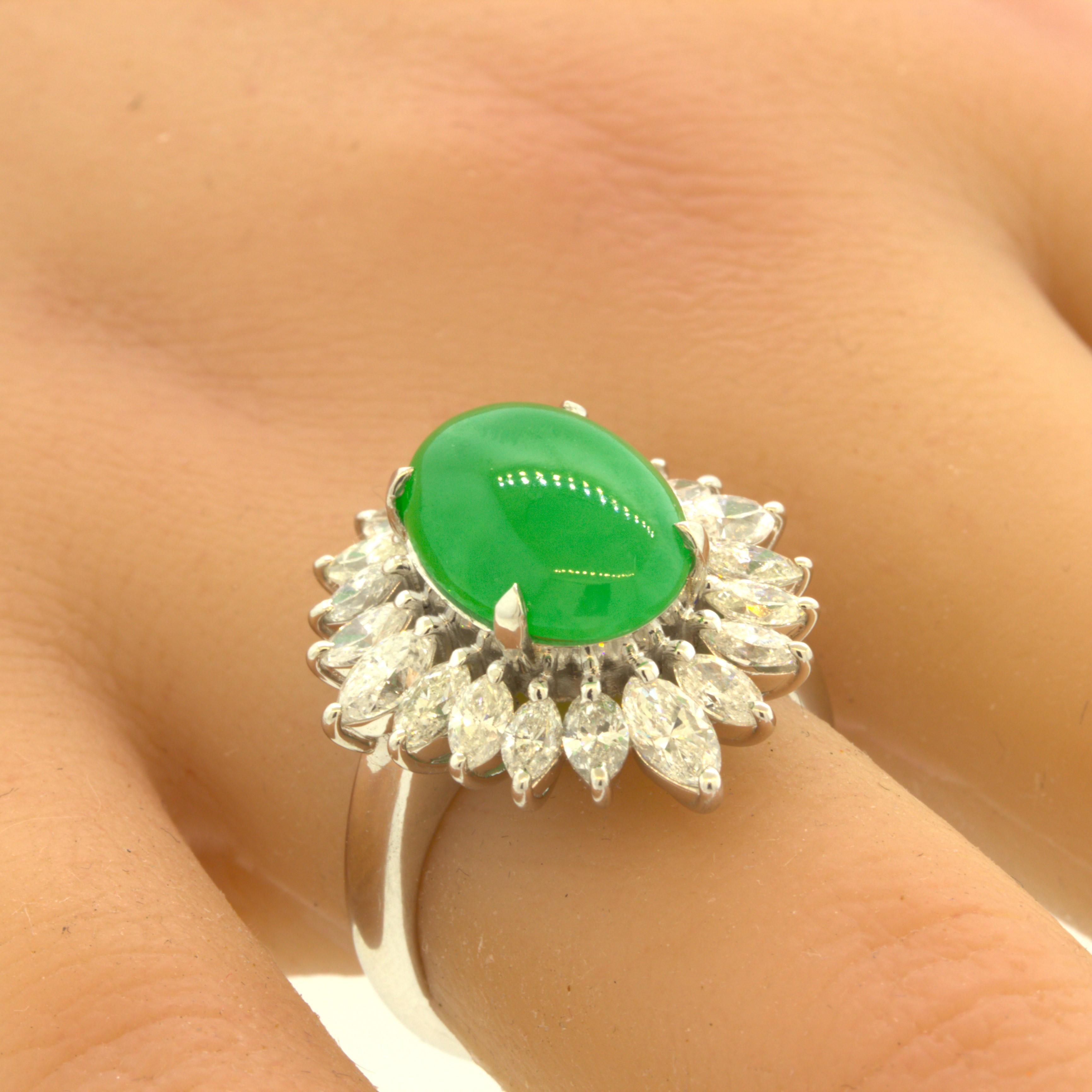 Fine Jadeite Jade Diamond Sunburst Platinum Ring, GIA Certified Tyle A