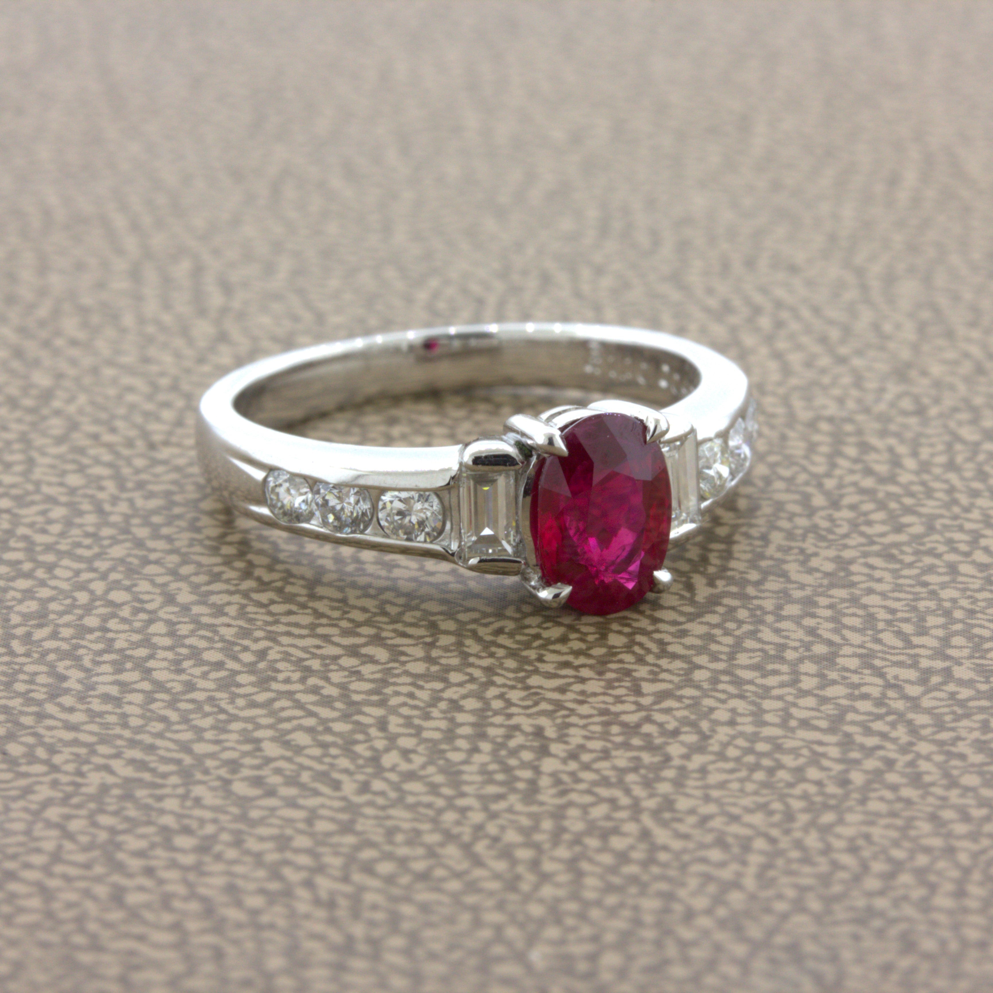 1.10 Carat Burmese Pigeon Blood Ruby Diamond Platinum Ring, GRS Certified