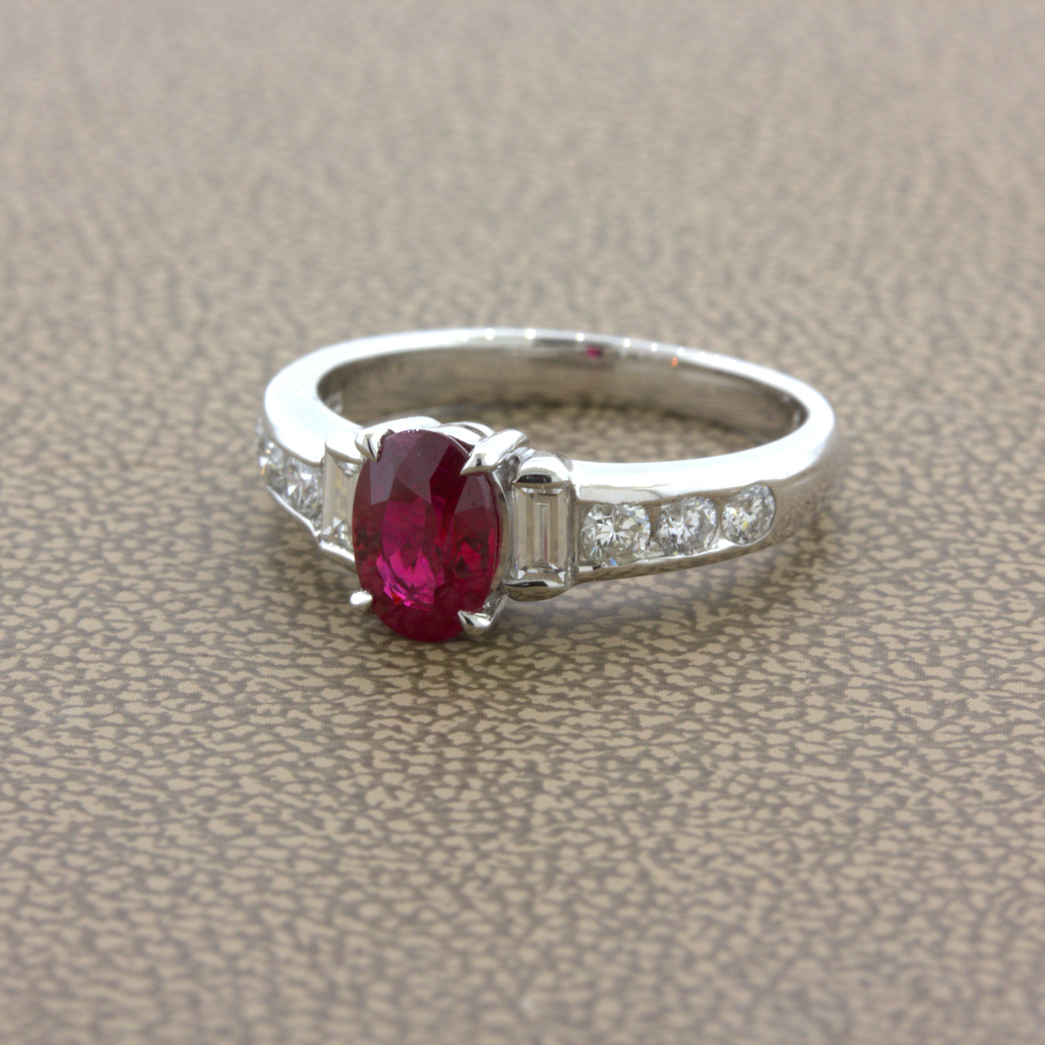 1.10 Carat Burmese Pigeon Blood Ruby Diamond Platinum Ring, GRS Certified