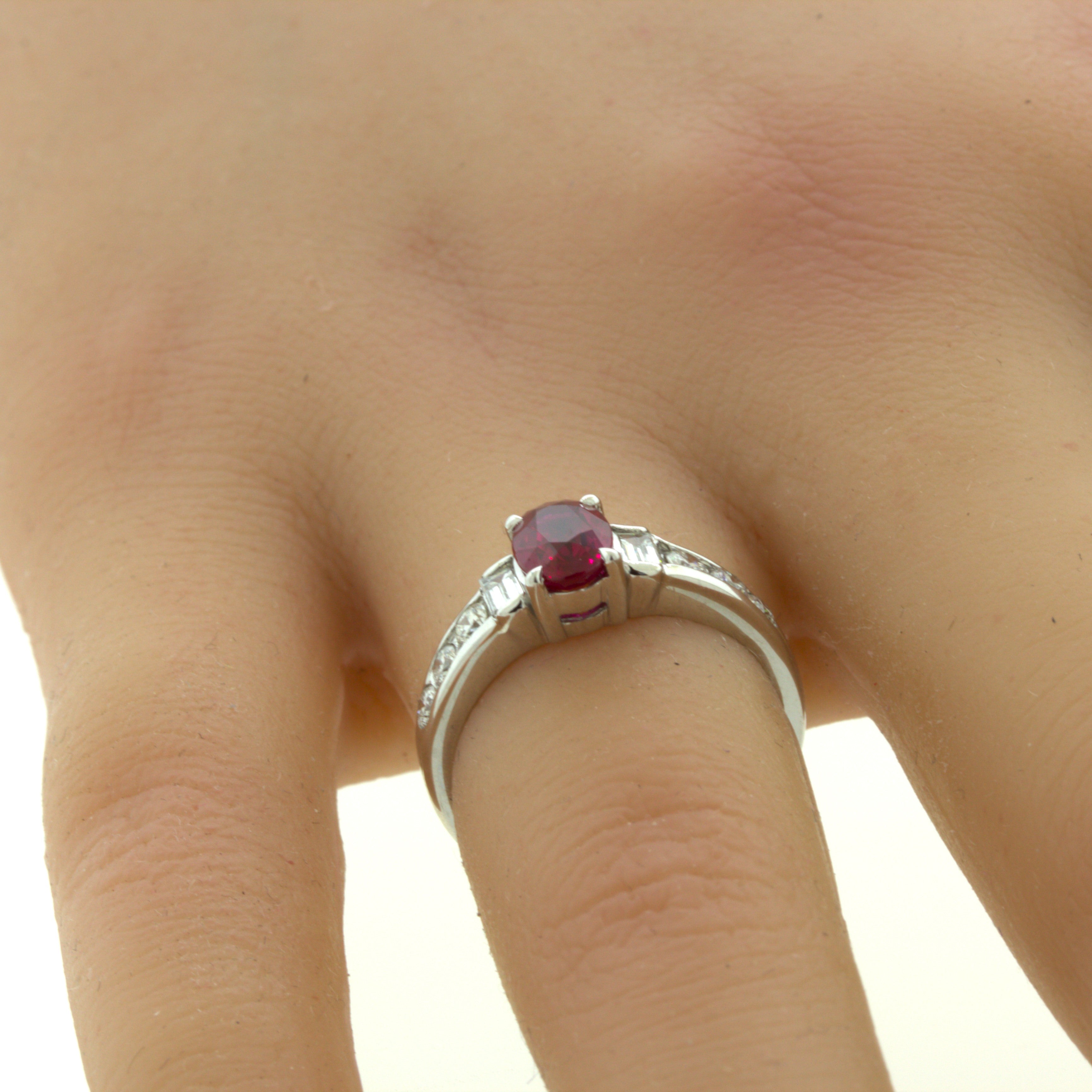 1.10 Carat Burmese Pigeon Blood Ruby Diamond Platinum Ring, GRS Certified