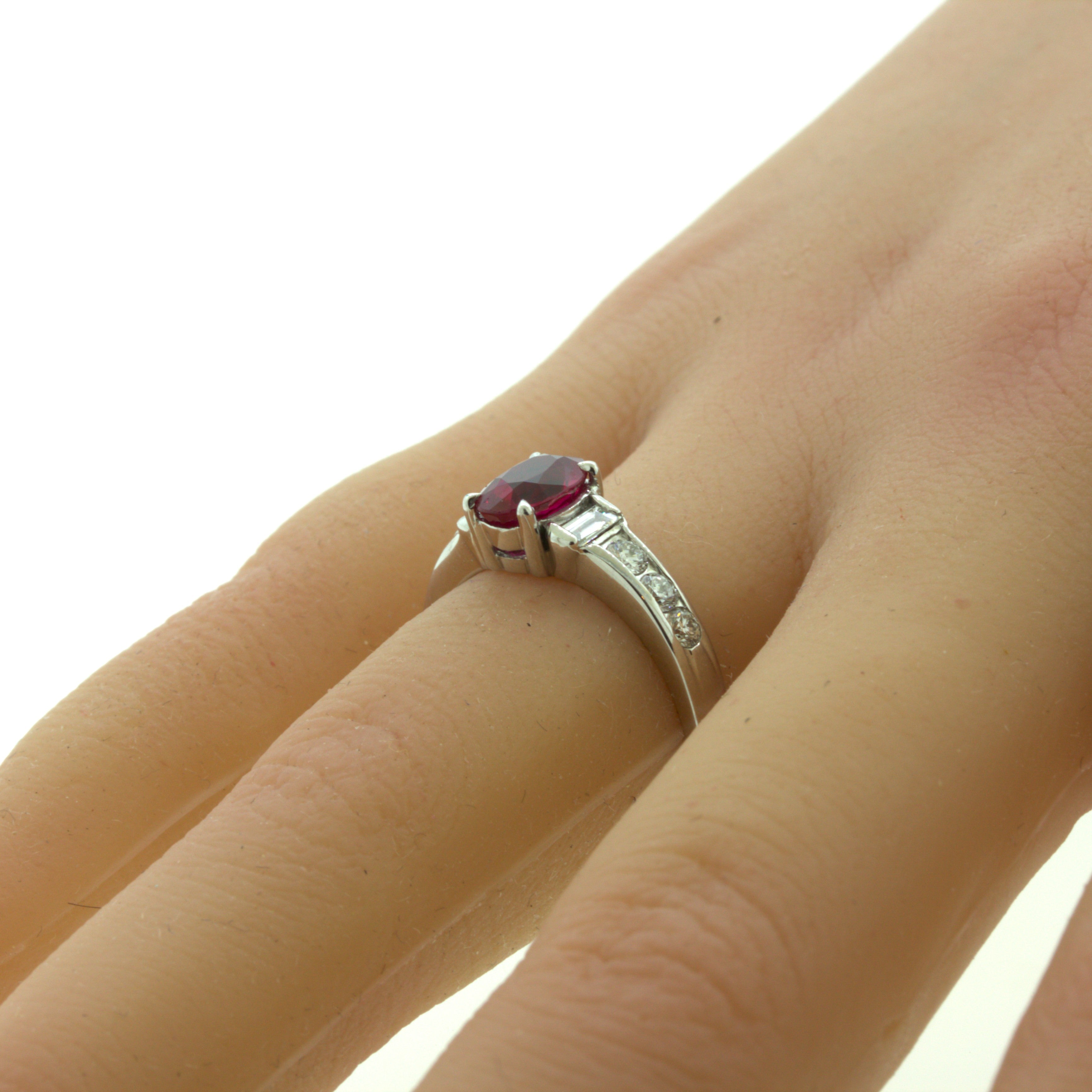 1.10 Carat Burmese Pigeon Blood Ruby Diamond Platinum Ring, GRS Certified