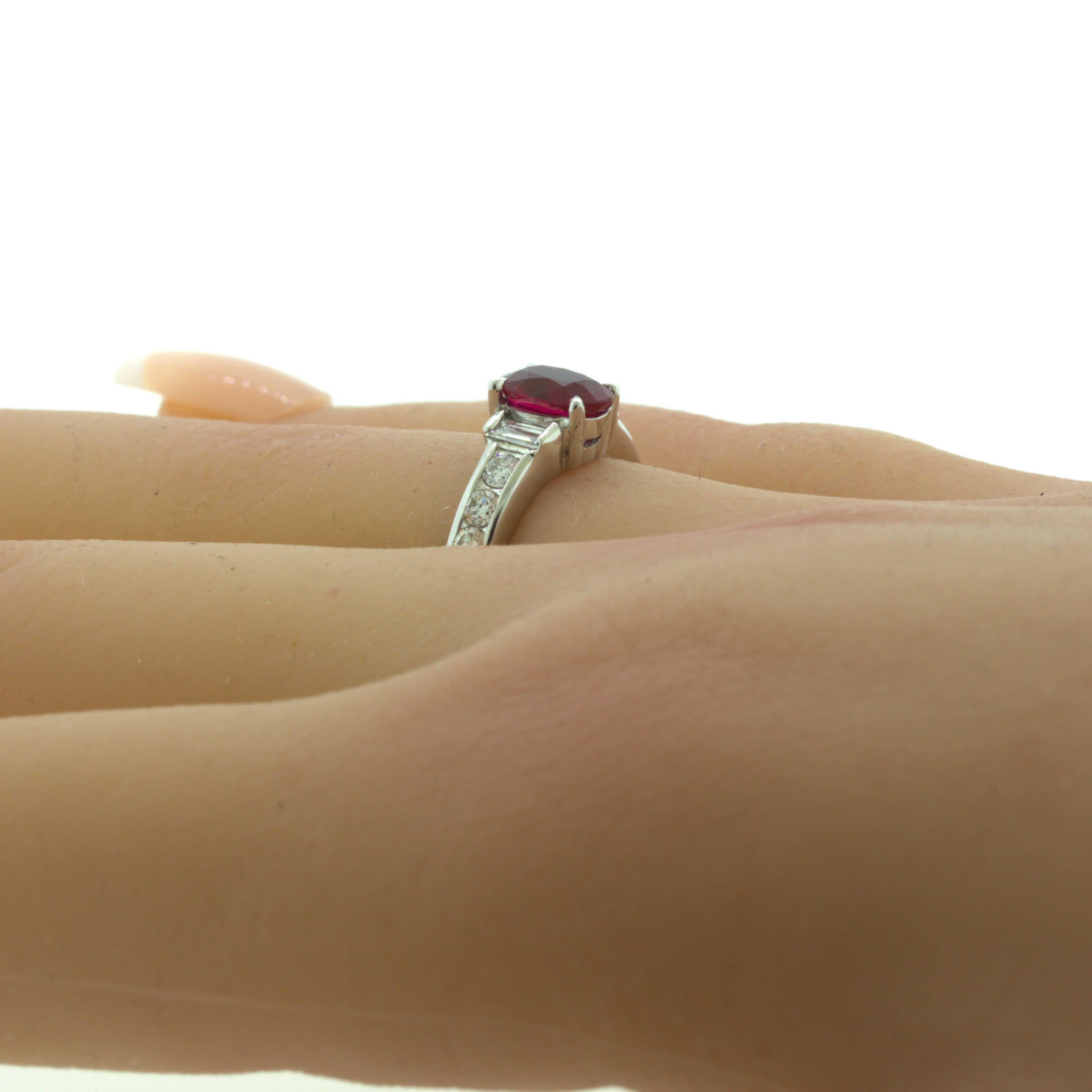 1.10 Carat Burmese Pigeon Blood Ruby Diamond Platinum Ring, GRS Certified