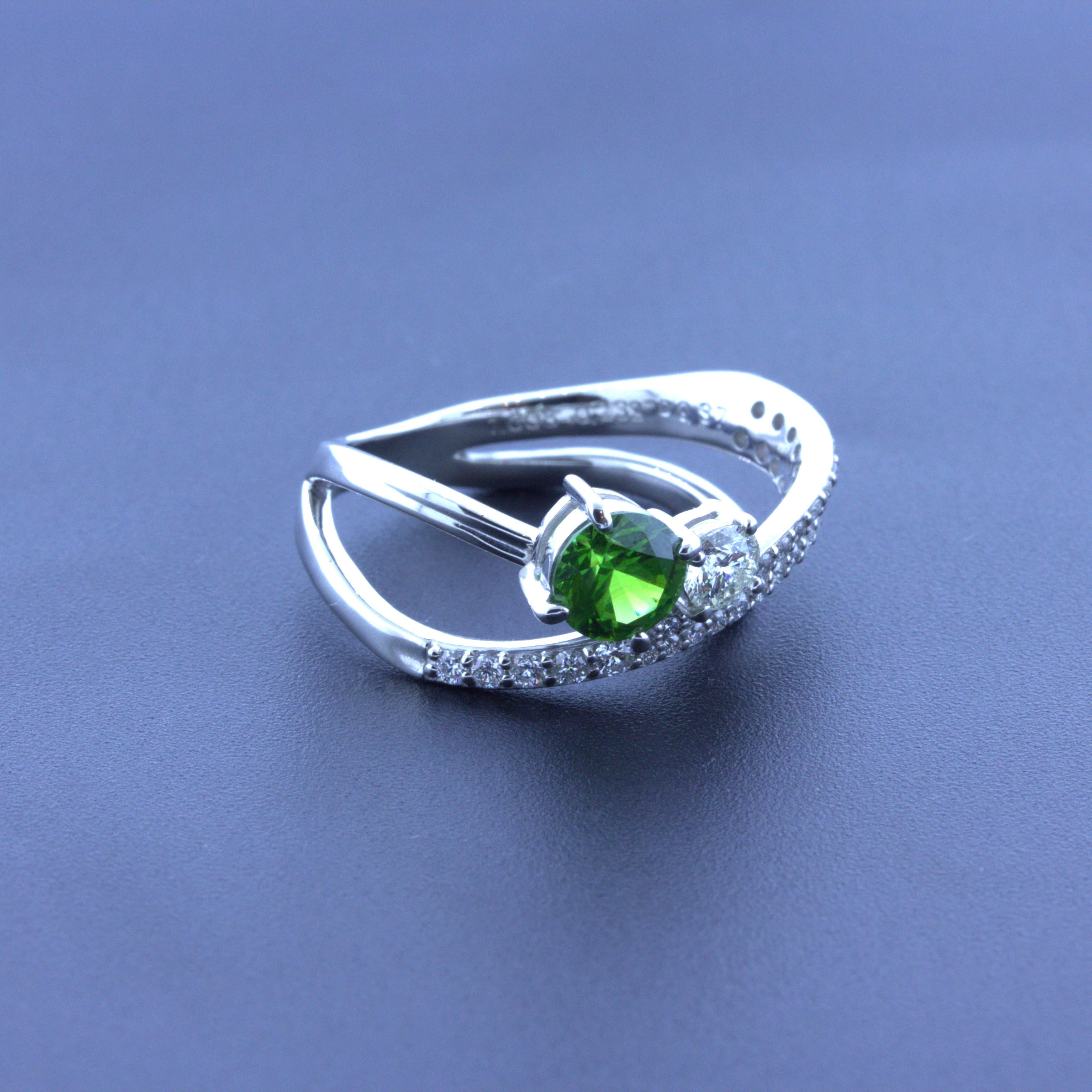 1.00 Carat Russian Demantoid Garnet Diamond Platinum Ring