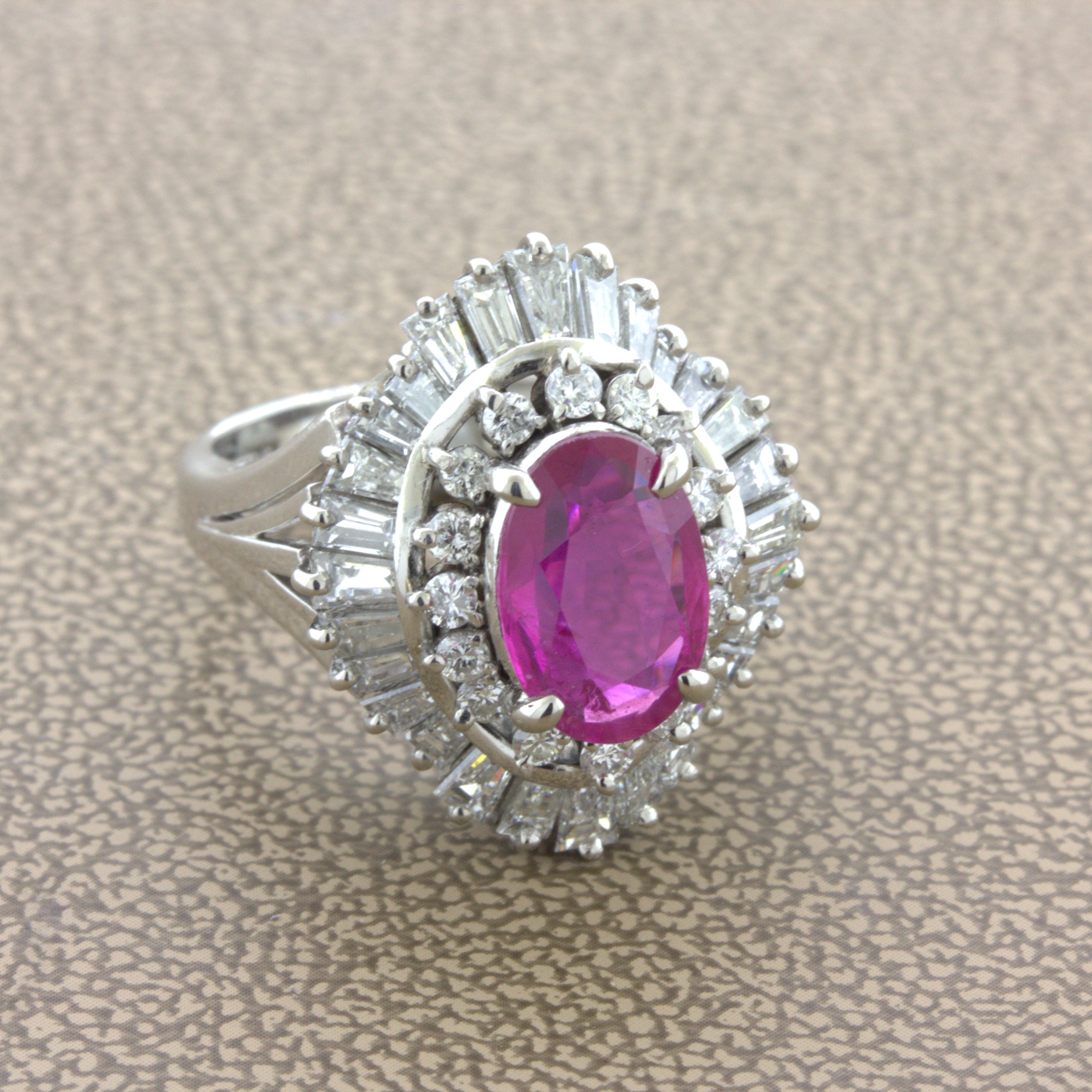 2.31 Carat No-Heat Burmese Ruby Diamond Platinum Ballerina Ring, AIGS Certified