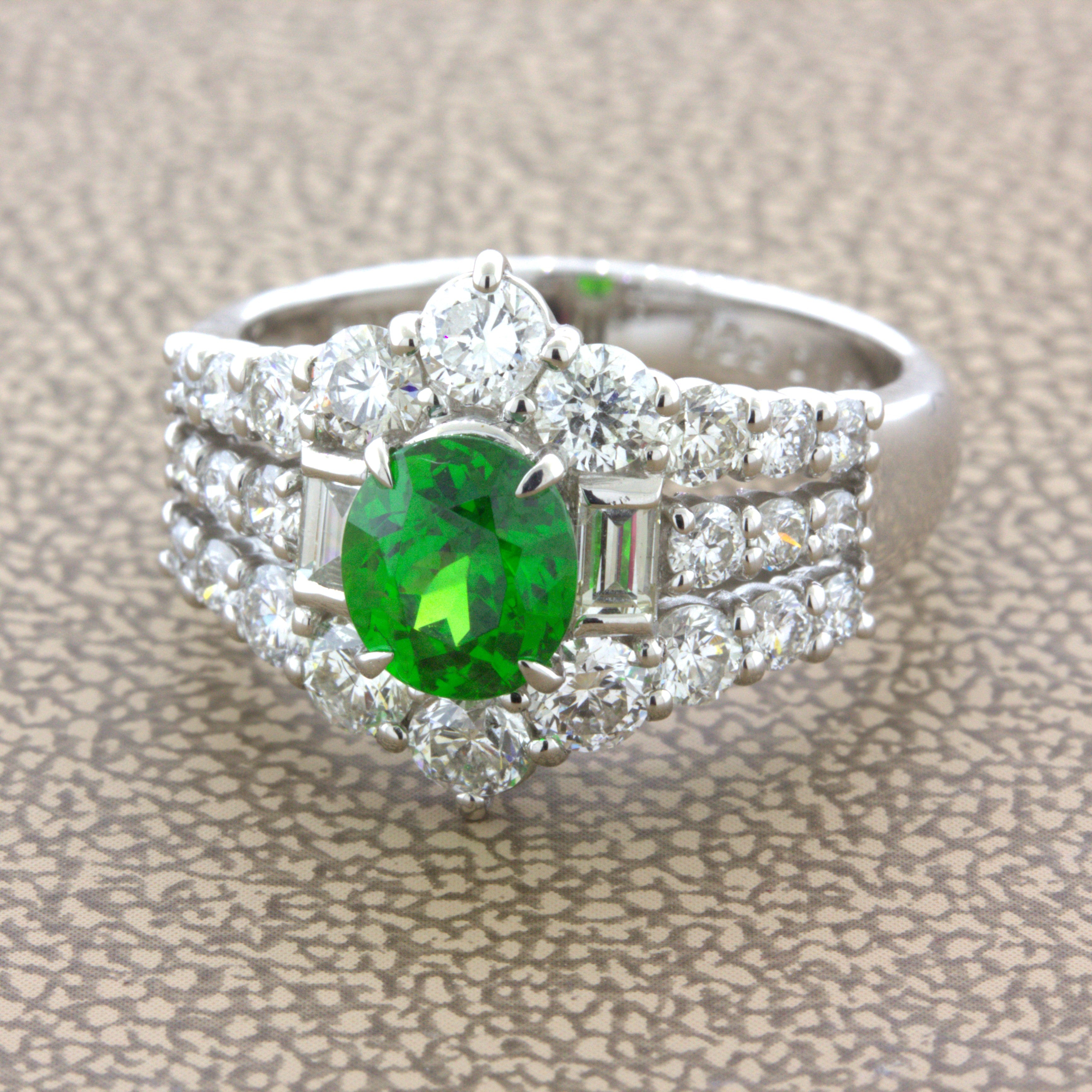 1.22 Carat Russian Demantoid Garnet Diamond Platinum Ring, AGL Certified