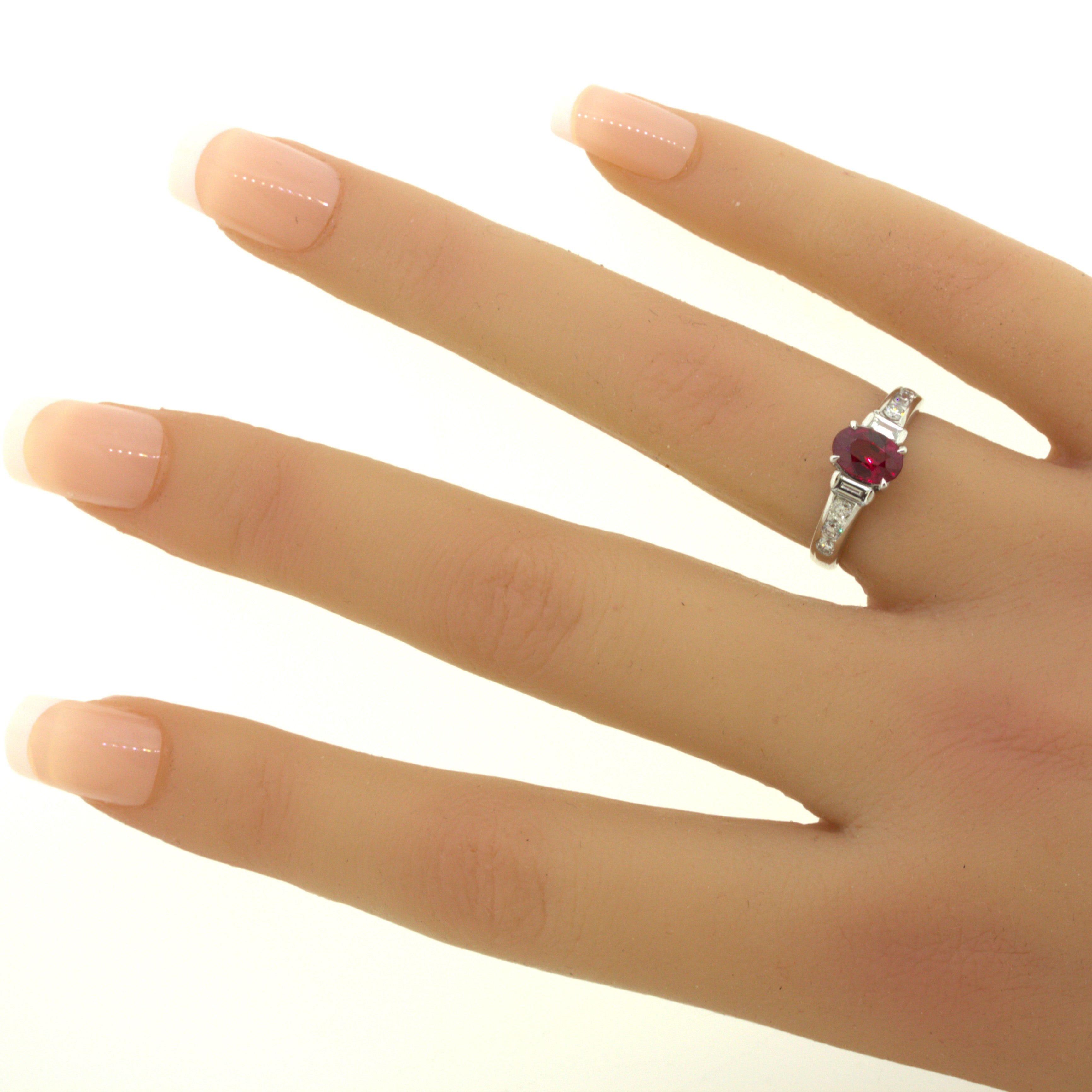 1.10 Carat Burmese Pigeon Blood Ruby Diamond Platinum Ring, GRS Certified