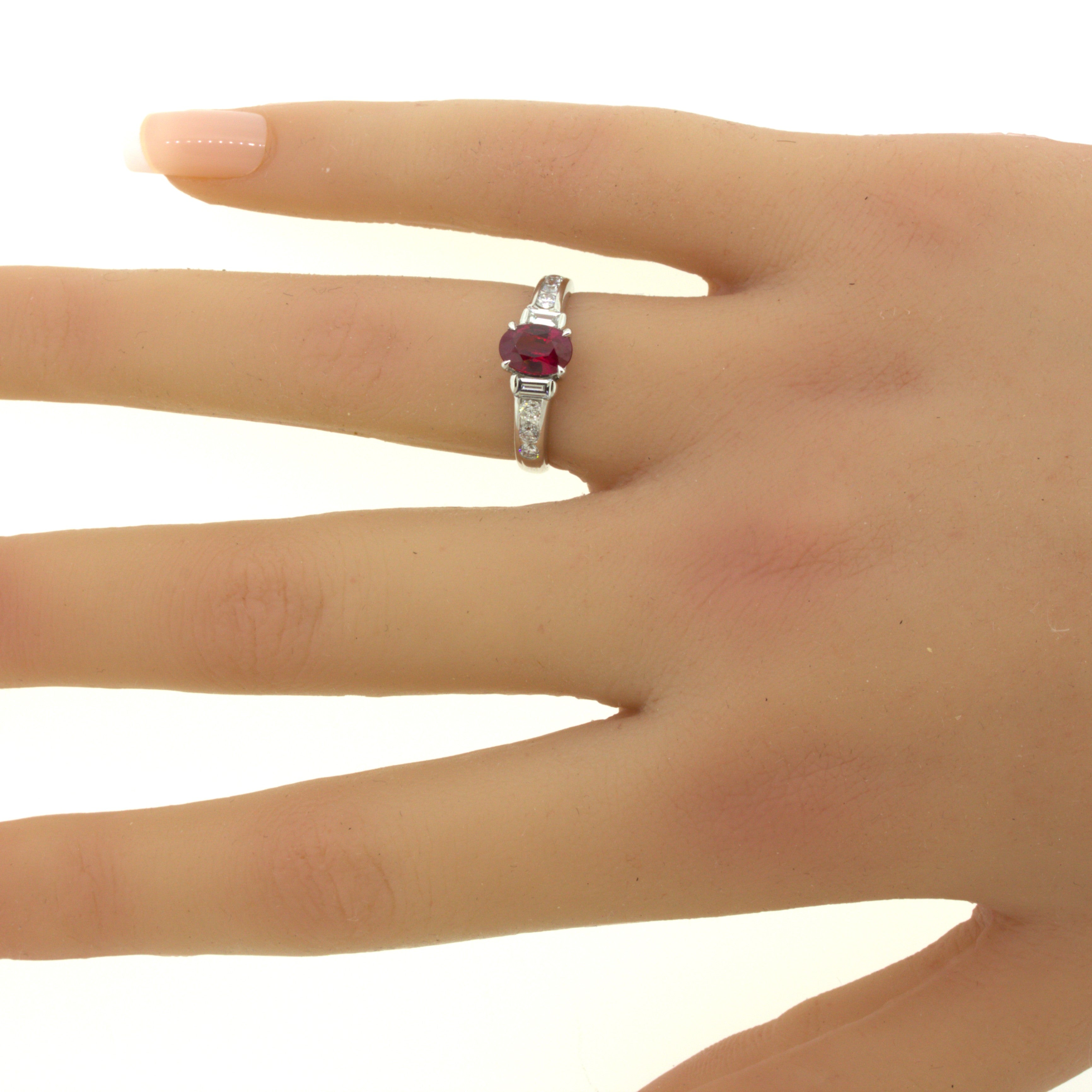 1.10 Carat Burmese Pigeon Blood Ruby Diamond Platinum Ring, GRS Certified