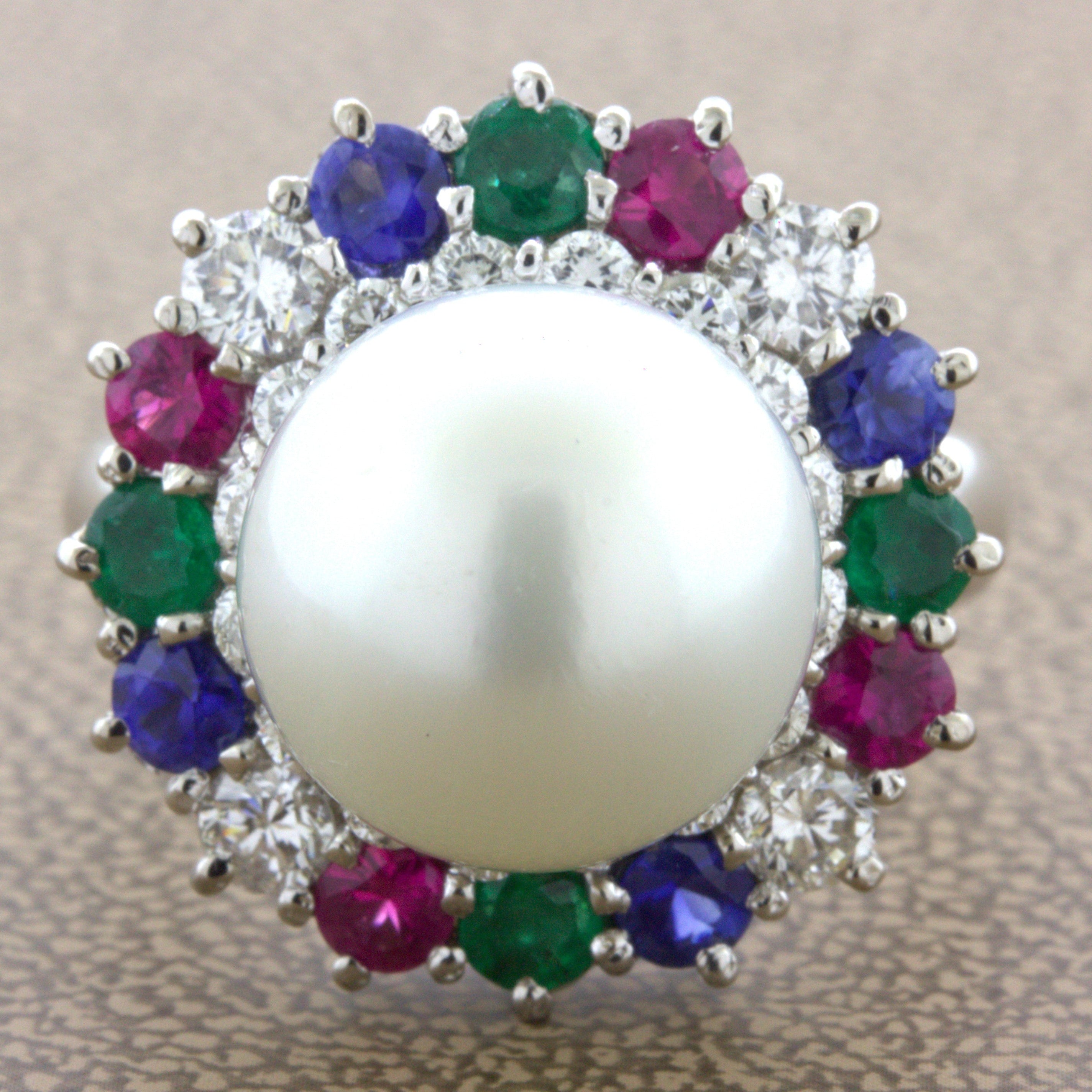 South Sea Pearl Diamond Ruby Sapphire Emerald Platinum Ring