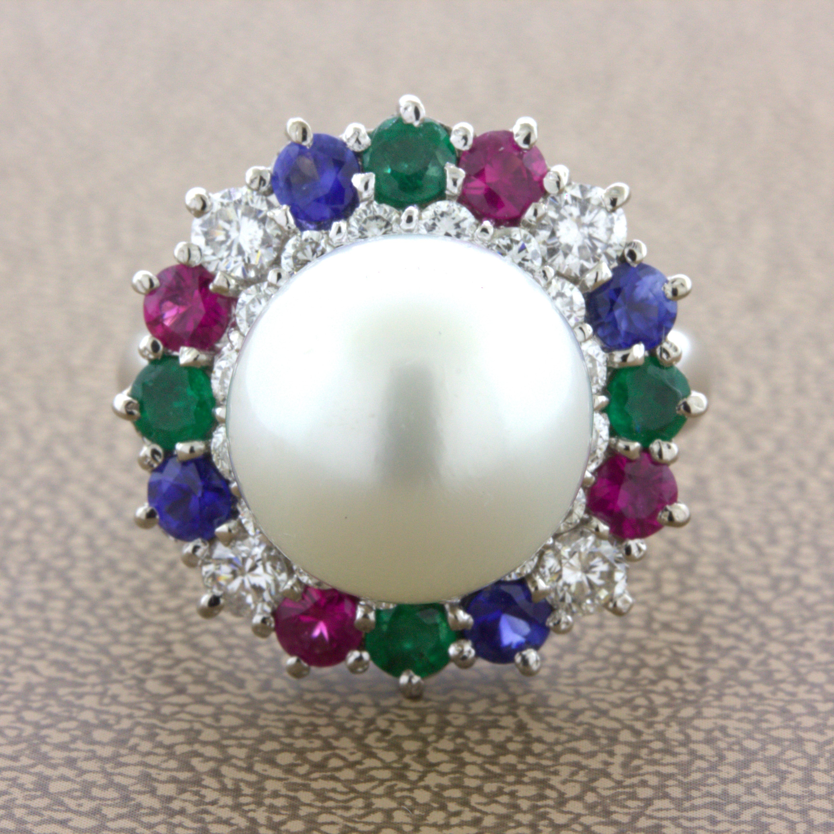 South Sea Pearl Diamond Ruby Sapphire Emerald Platinum Ring