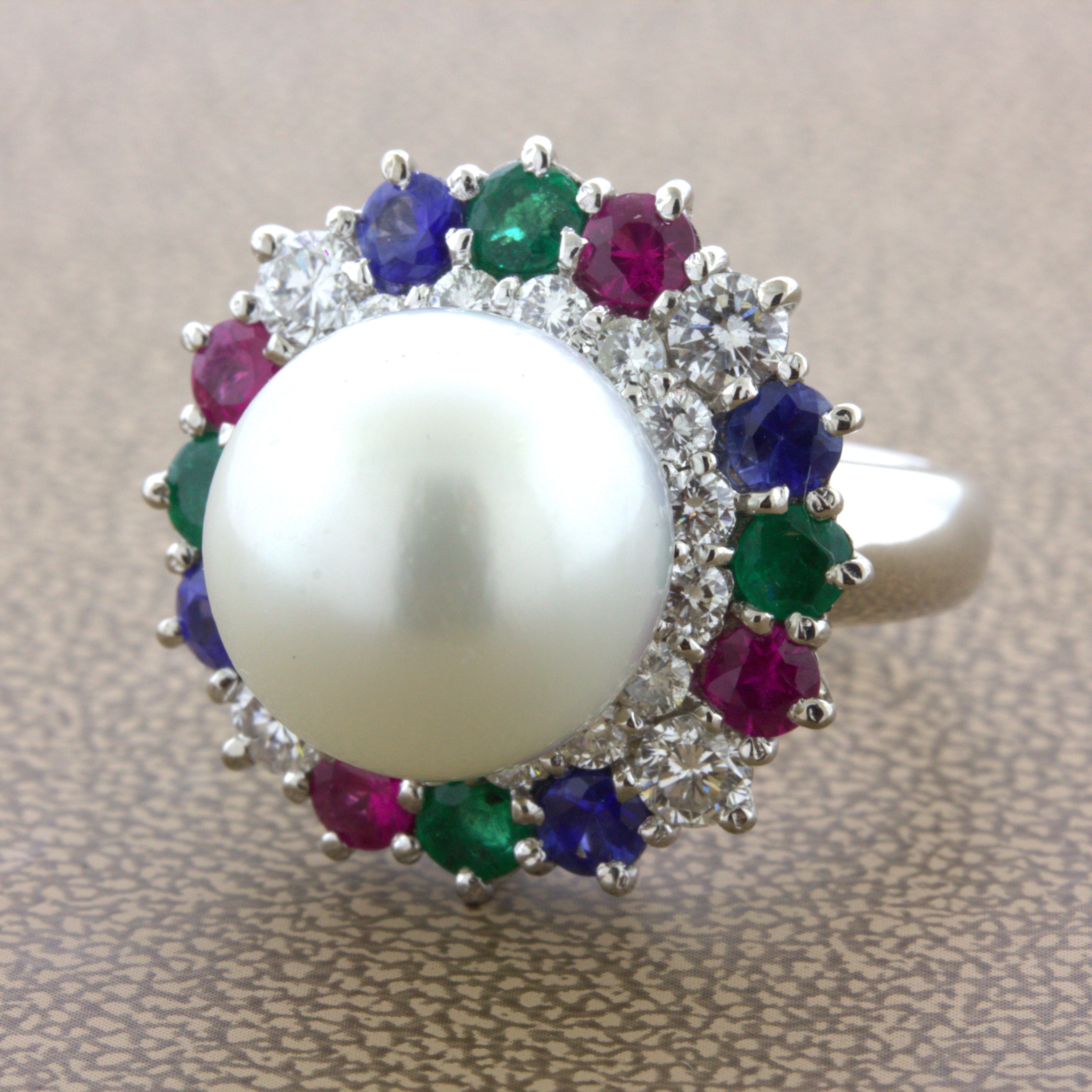 South Sea Pearl Diamond Ruby Sapphire Emerald Platinum Ring