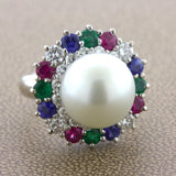 South Sea Pearl Diamond Ruby Sapphire Emerald Platinum Ring