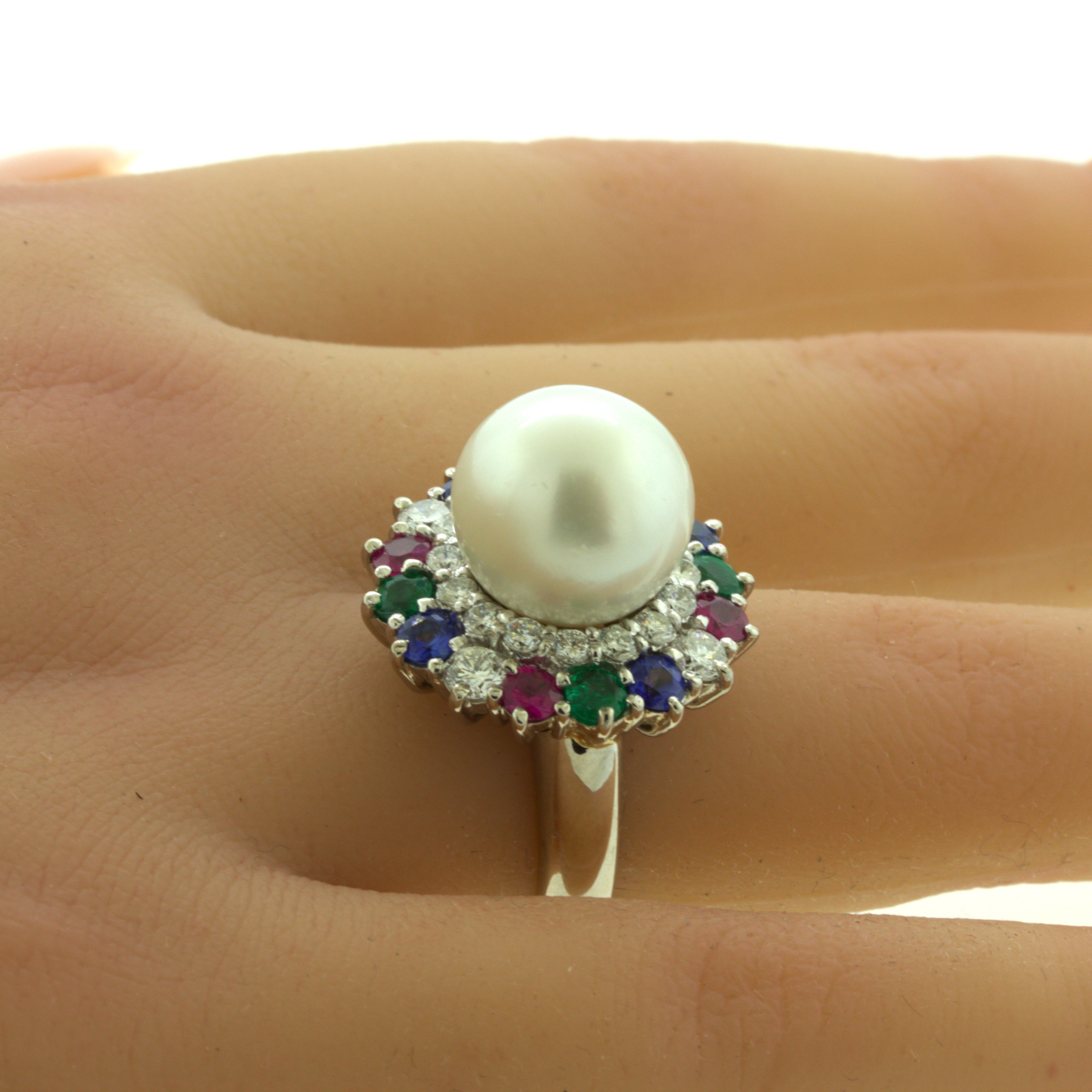 South Sea Pearl Diamond Ruby Sapphire Emerald Platinum Ring