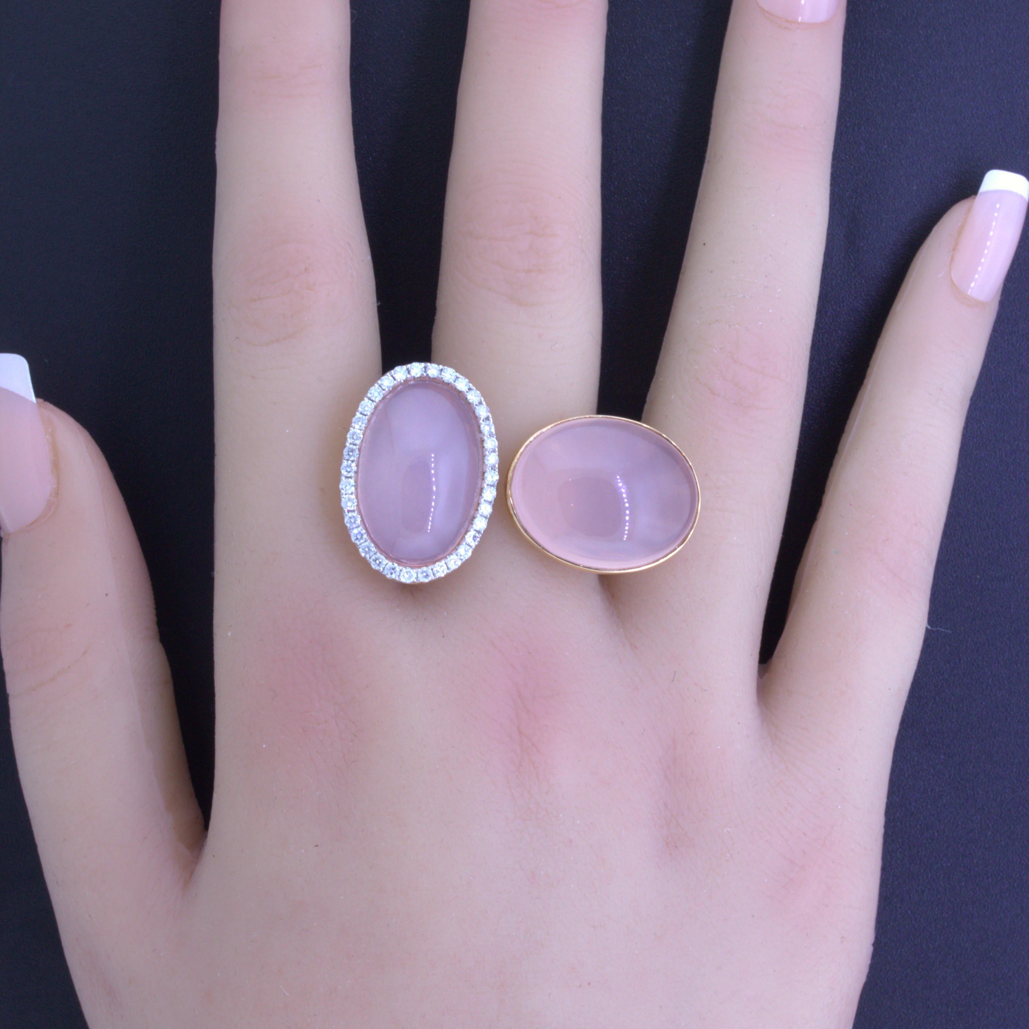 30.91CTW-QUARTZ CABCHN-PINK-2PCS 0.60CTW-DIAMOND ROUND-HALO