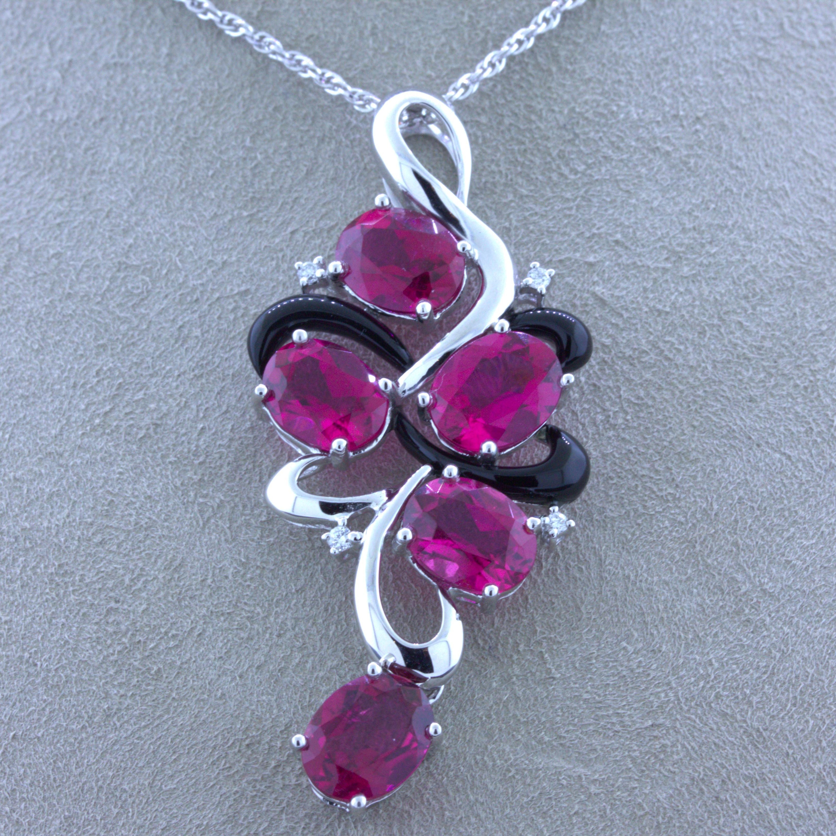 Rubellite Tourmaline Diamond Enamel 18k White Gold Pendant