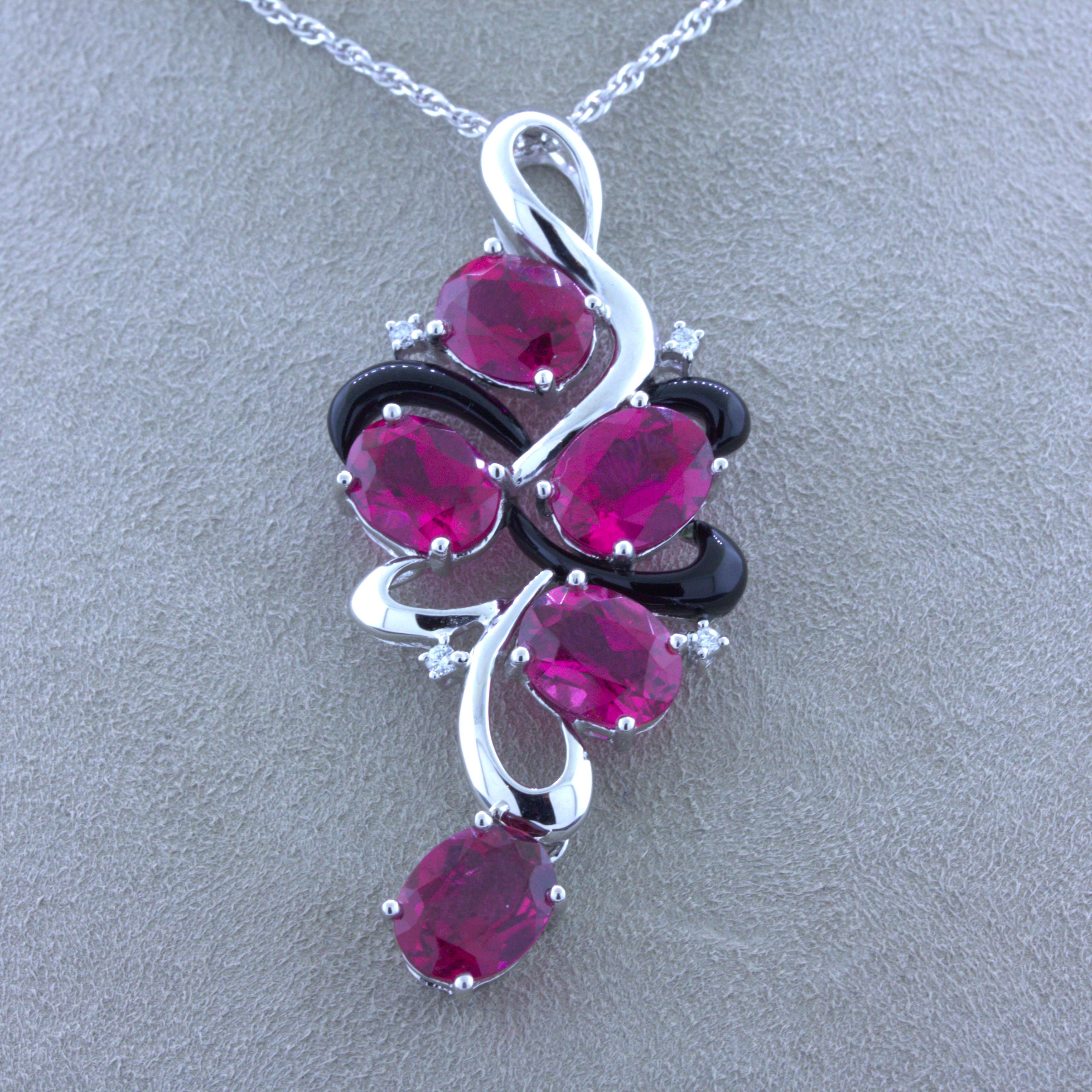 Rubellite Tourmaline Diamond Enamel 18k White Gold Pendant