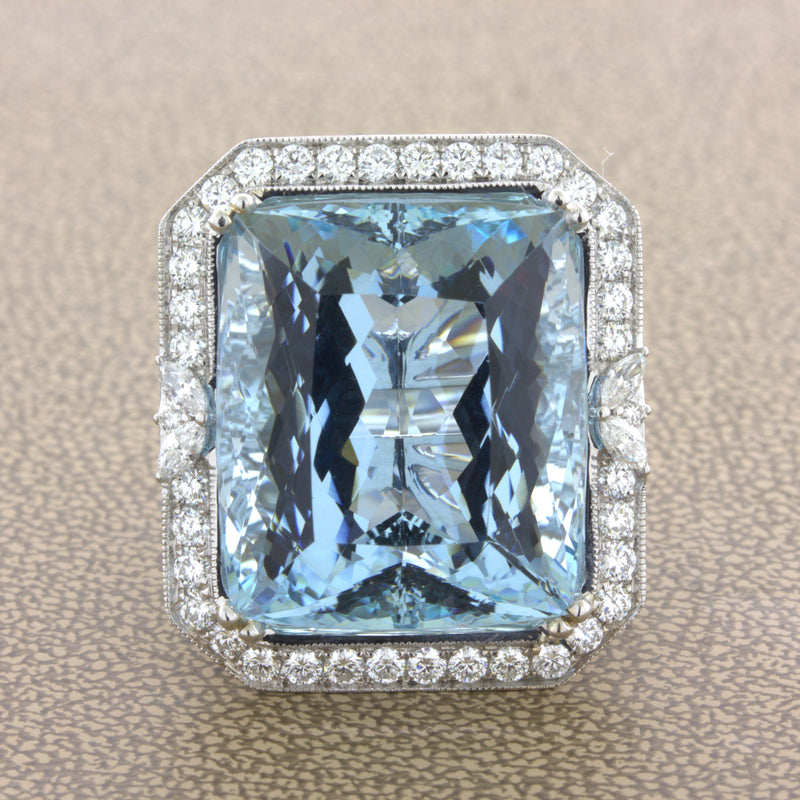33.86 Carat Aquamarine Diamond 18K White Gold Cocktail Ring