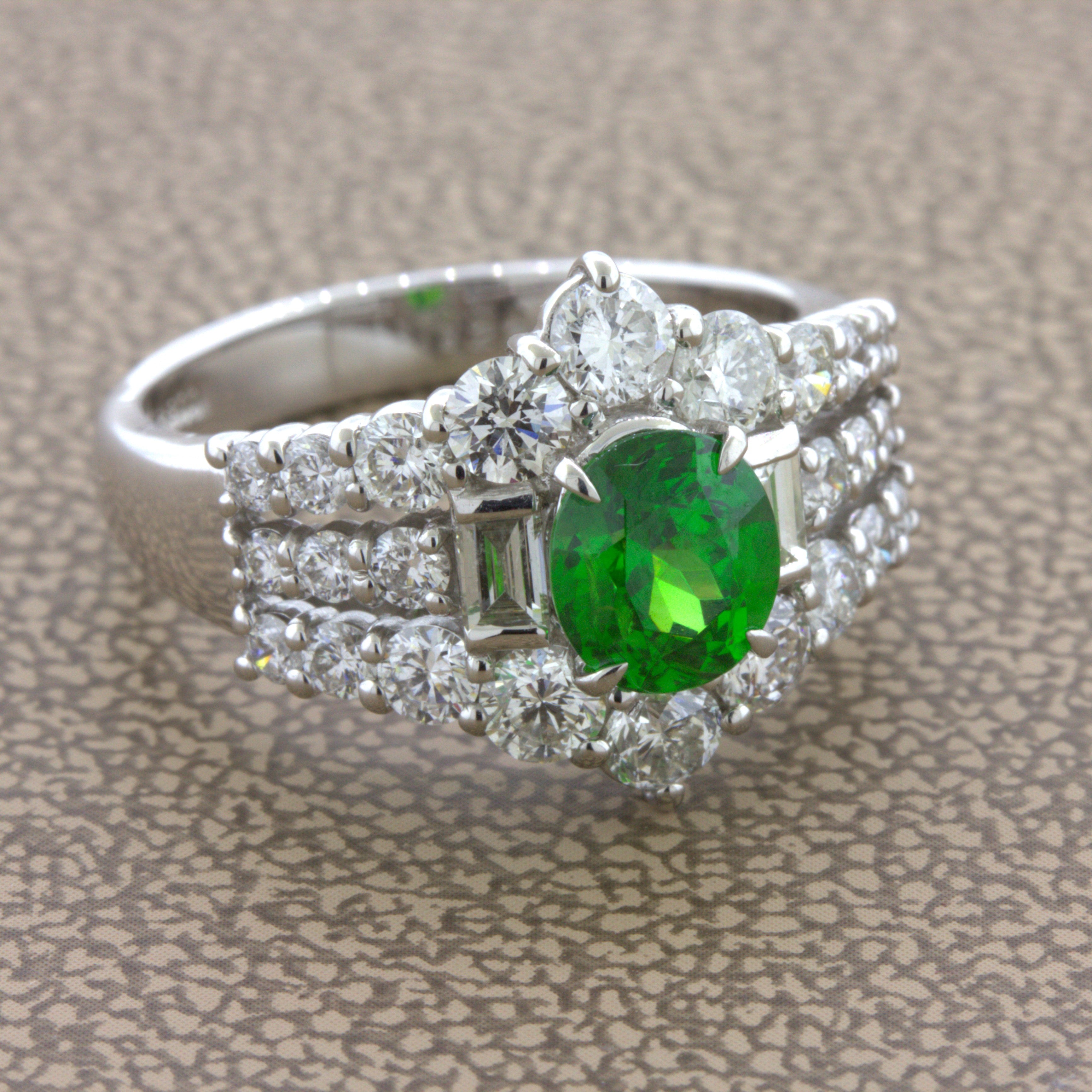 1.22 Carat Russian Demantoid Garnet Diamond Platinum Ring, AGL Certified