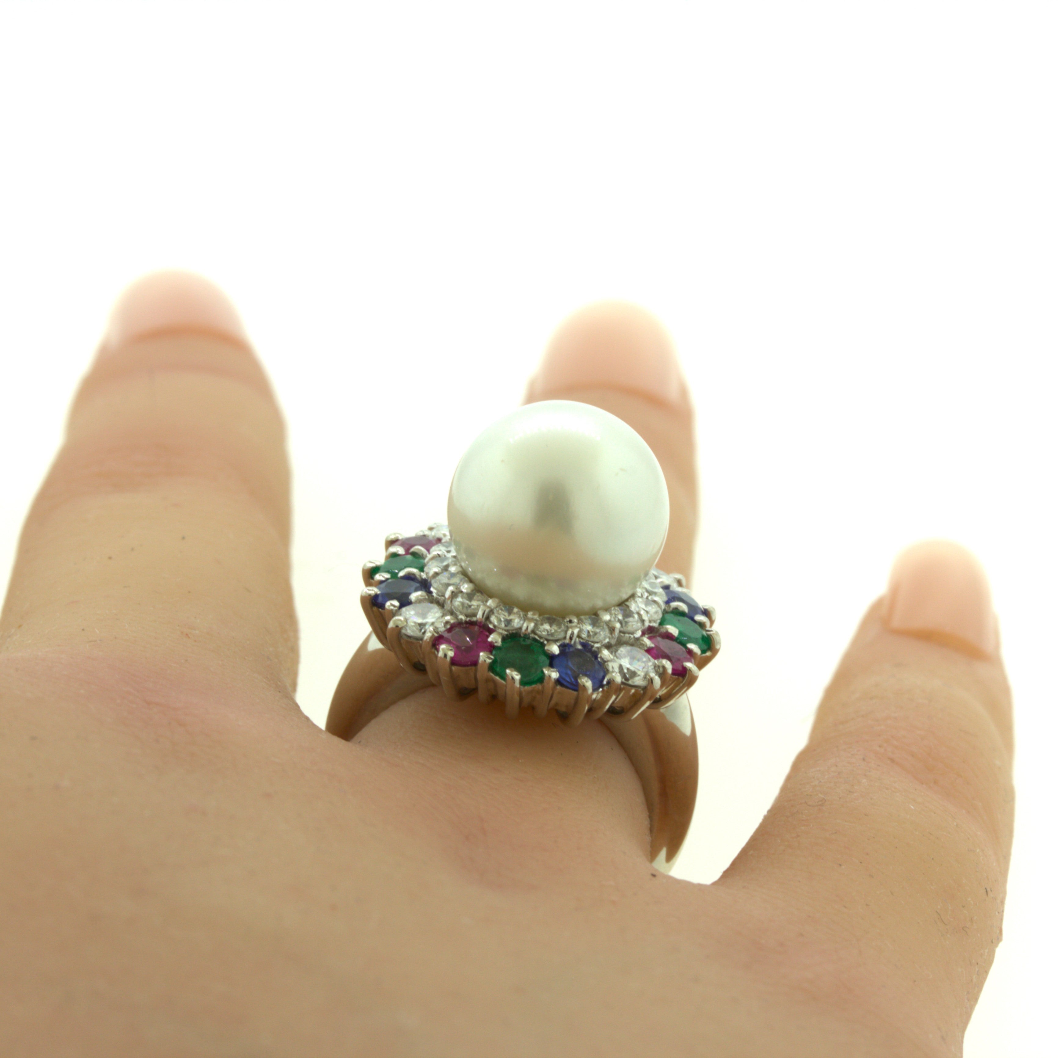 South Sea Pearl Diamond Ruby Sapphire Emerald Platinum Ring