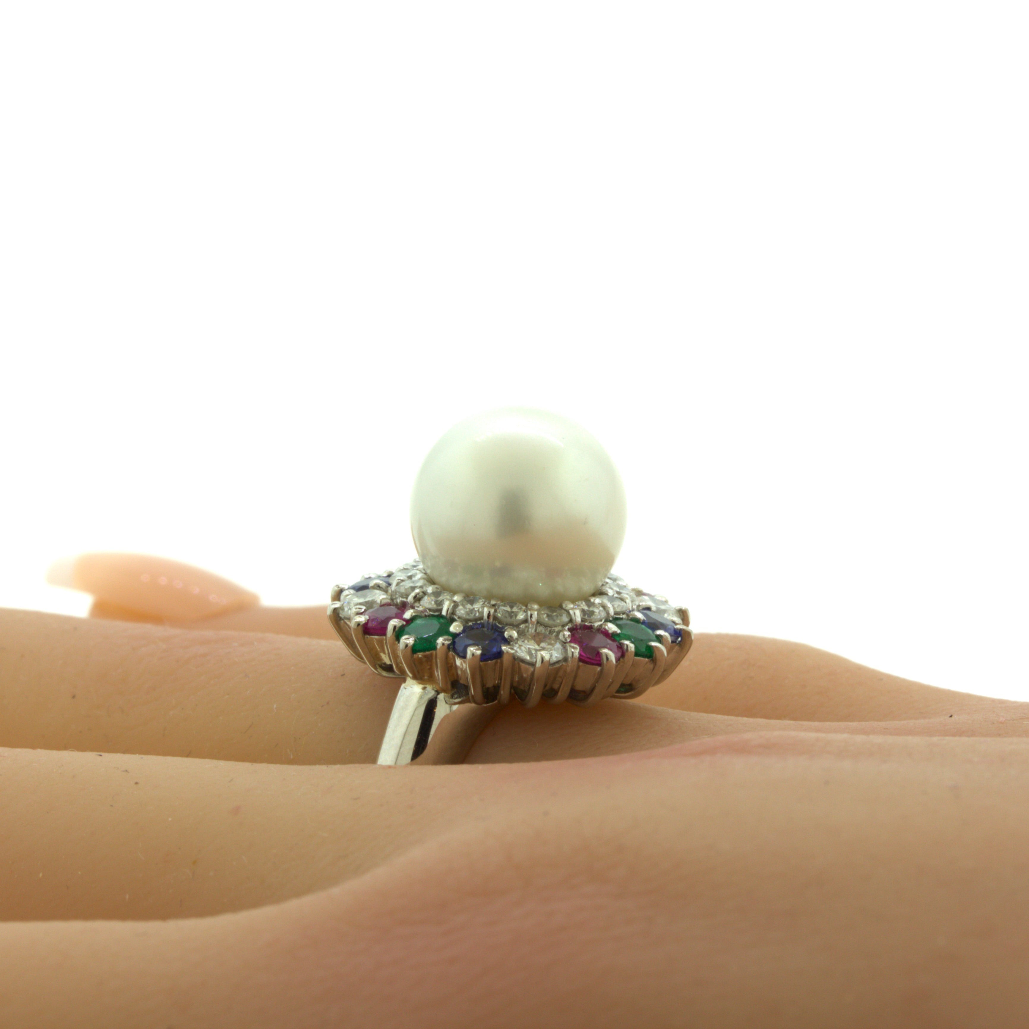 South Sea Pearl Diamond Ruby Sapphire Emerald Platinum Ring