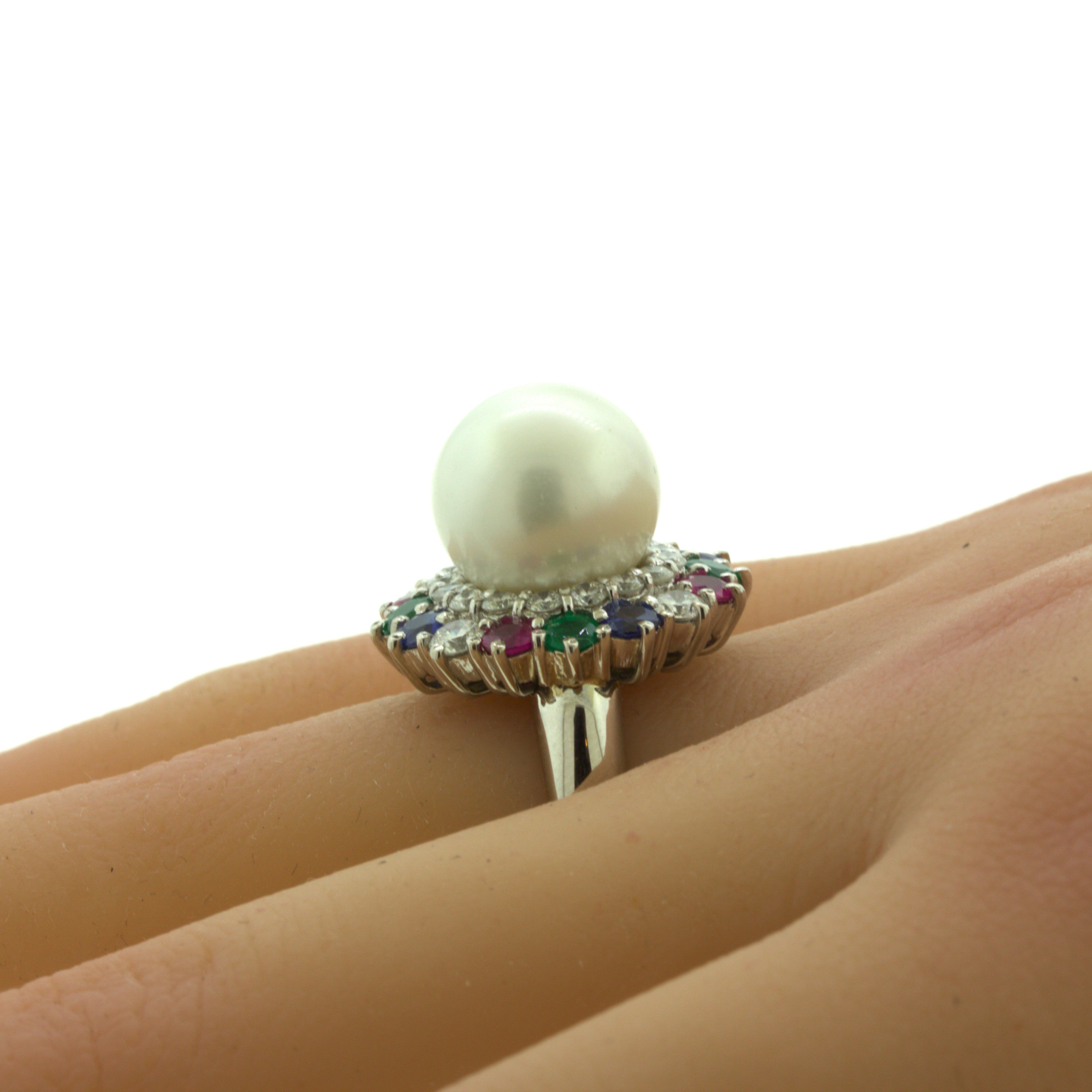 South Sea Pearl Diamond Ruby Sapphire Emerald Platinum Ring