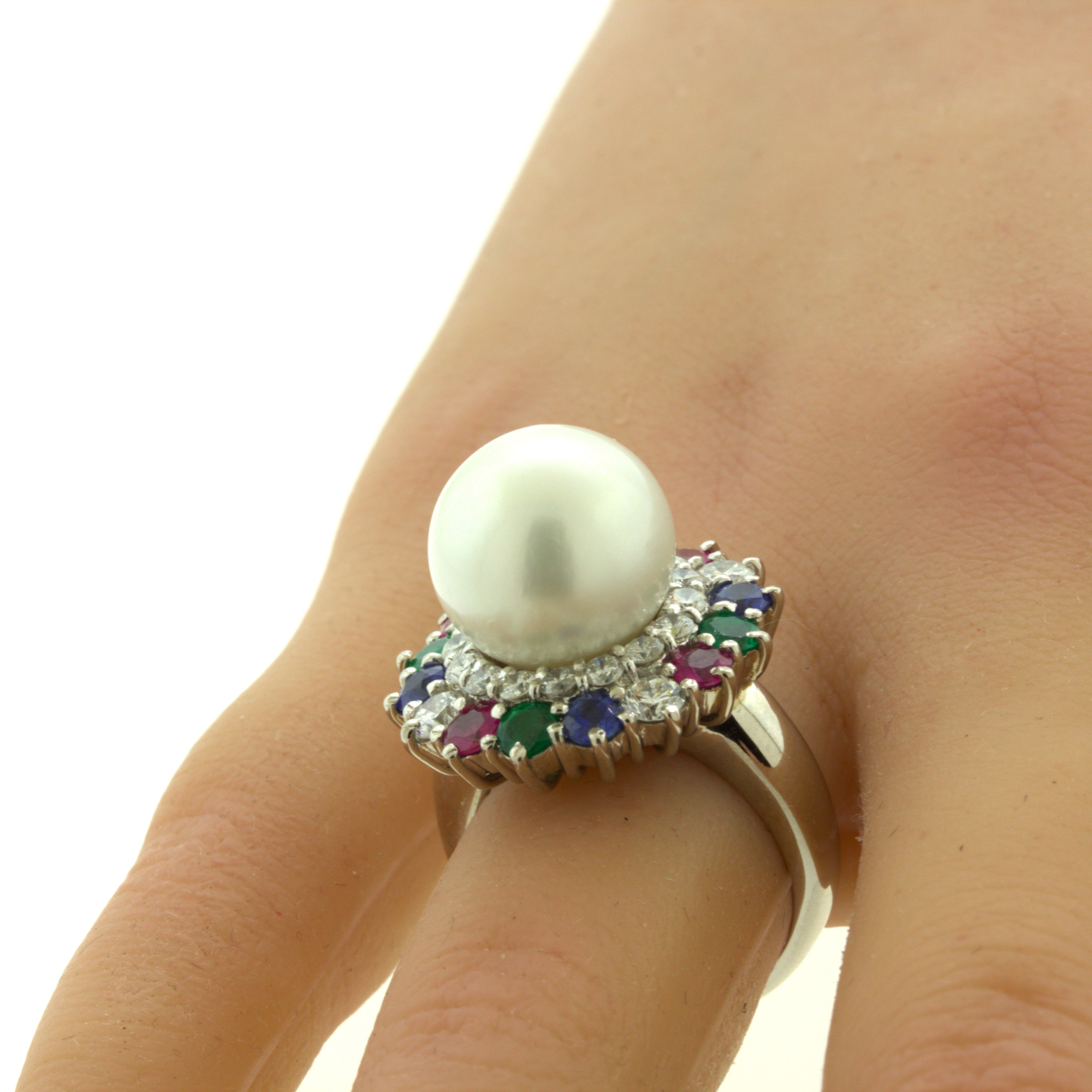 South Sea Pearl Diamond Ruby Sapphire Emerald Platinum Ring